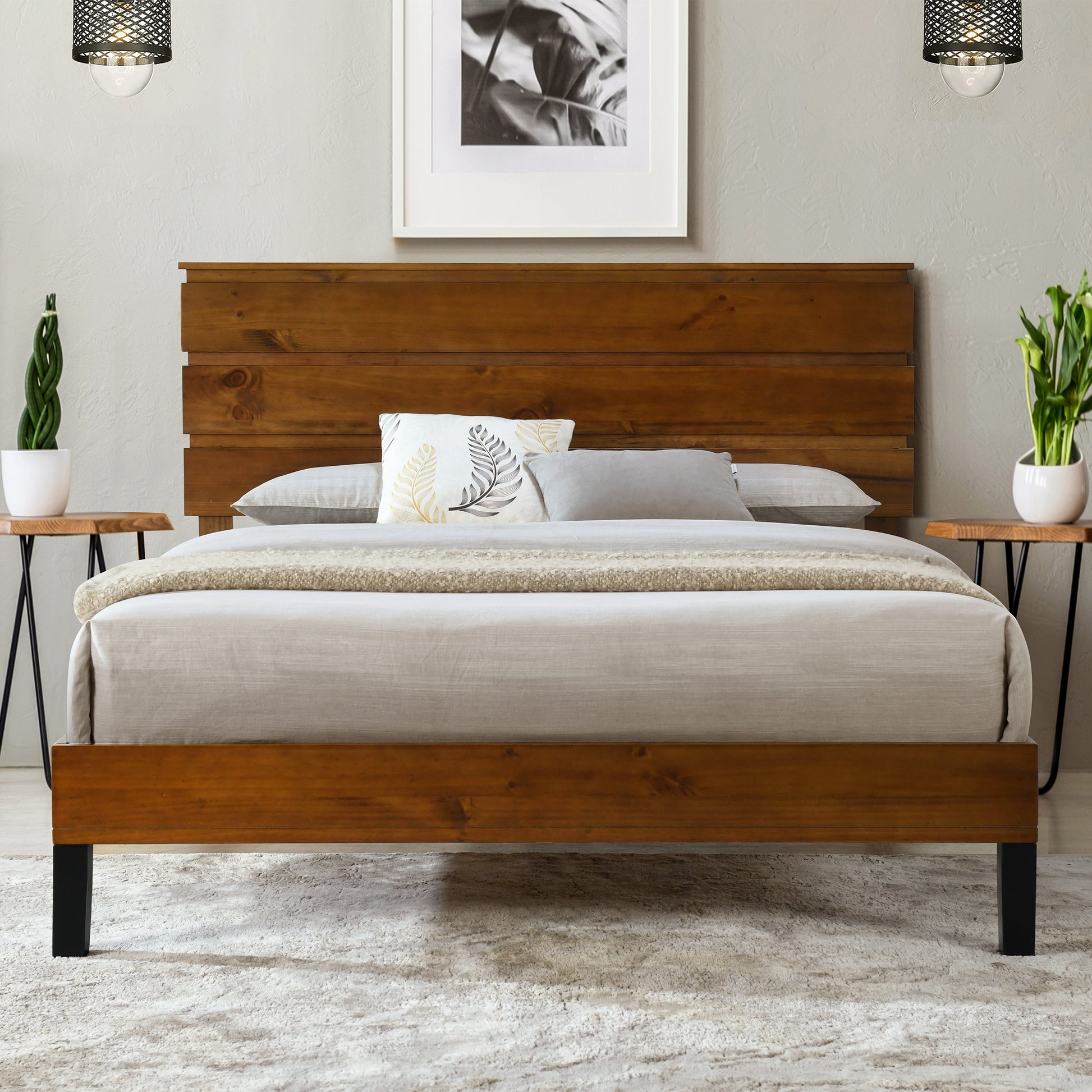 Mid Century Modern Solid Wood Bed Frame King Size Platform Bed With Three Piece Headboard Design, No Box Spring Needed, Brown King Brown Pine