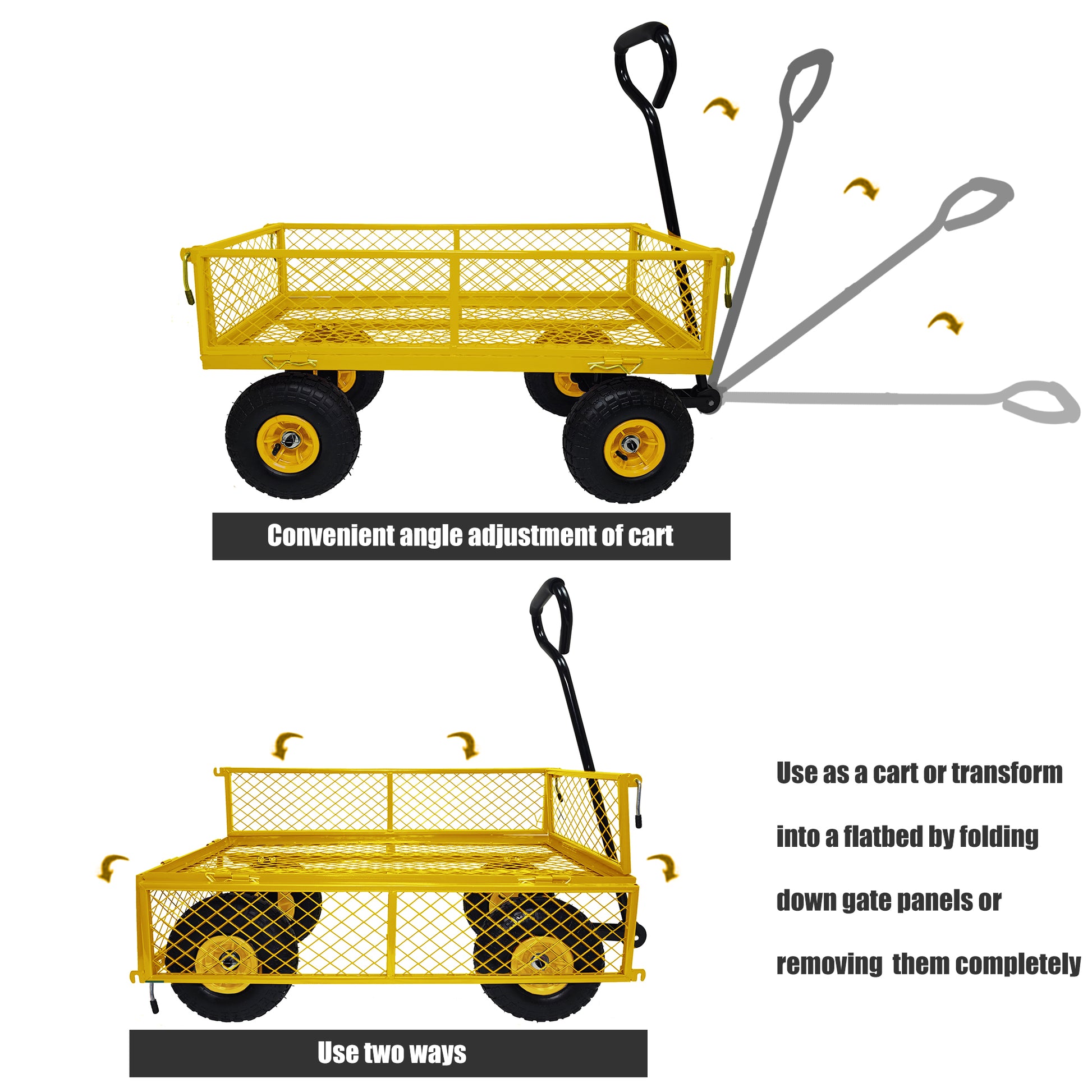 3 Cu. Ft. 300 Lbs. Capacity Removable Sides Metal Steel Mesh Heavy Duty Utility Wagon Outdoor Garden Cart In Yellow Yellow Steel