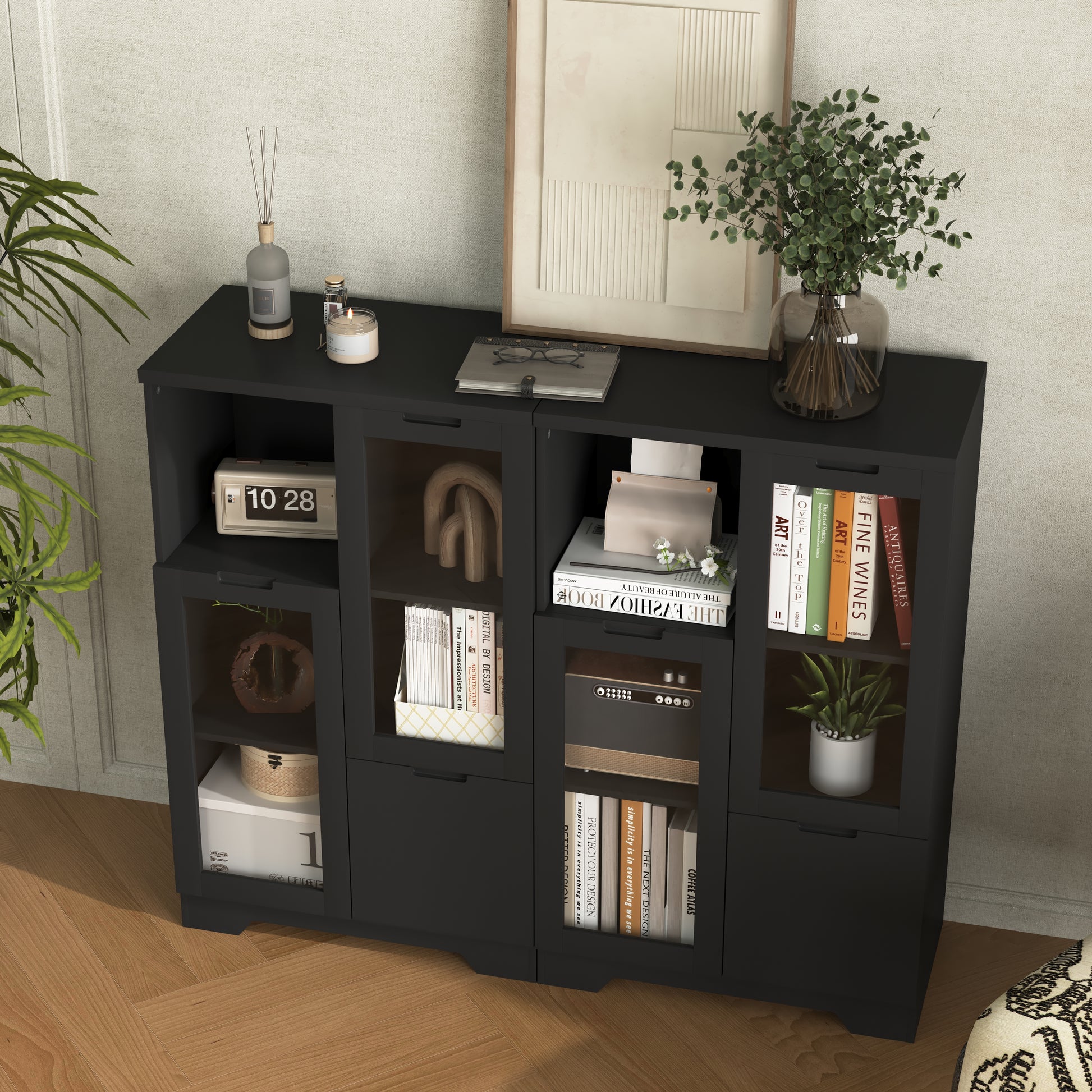 Wooden Floor Cabinet With 2 Glass Doors And 2 Storage Space,Black ,Living Room Bathroom Entryway Black Mdf