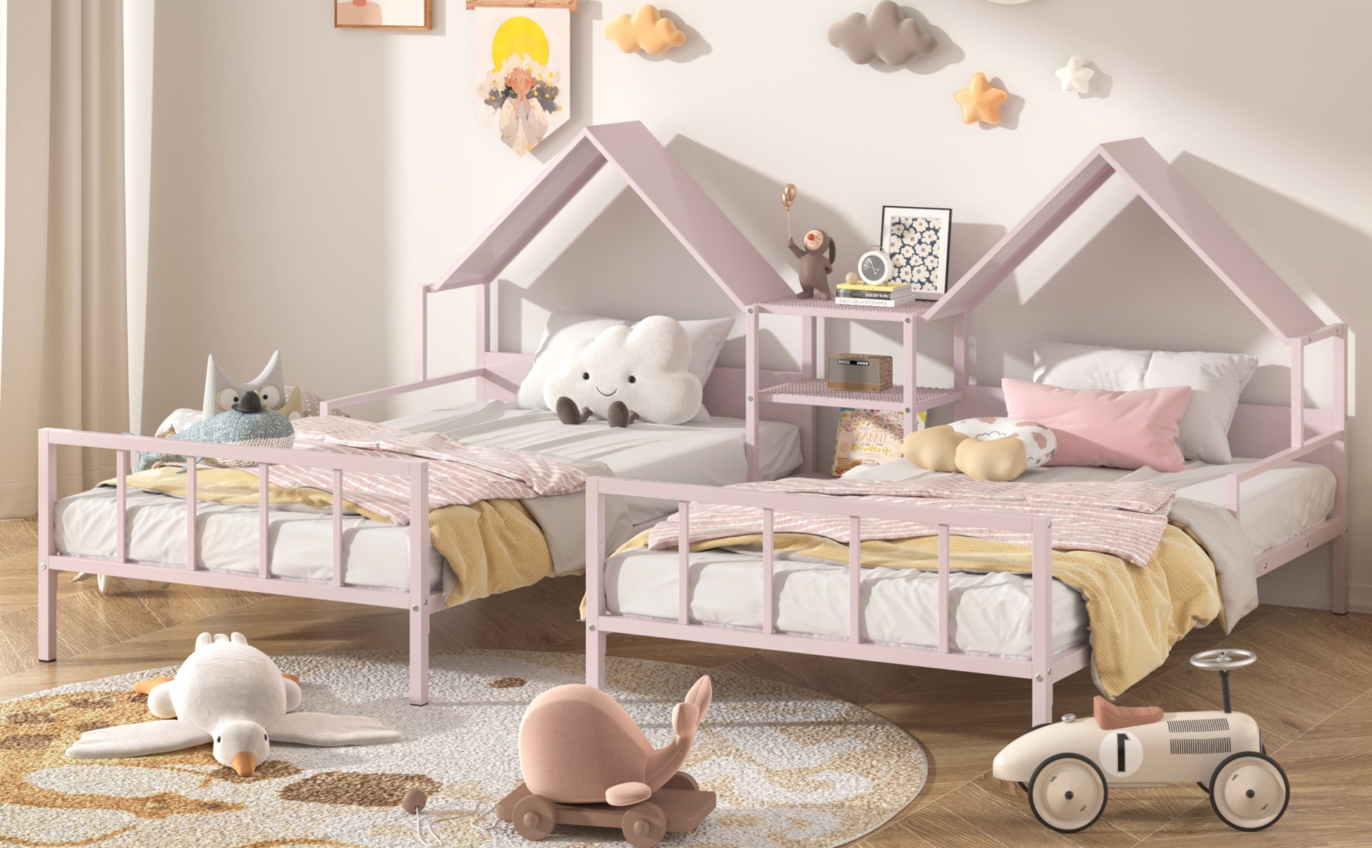 Metal Double Twin Size Platform Bed With House Shaped Headboard And A Built In Nightstand, Pink Box Spring Not Required Twin Pink Metal Metal