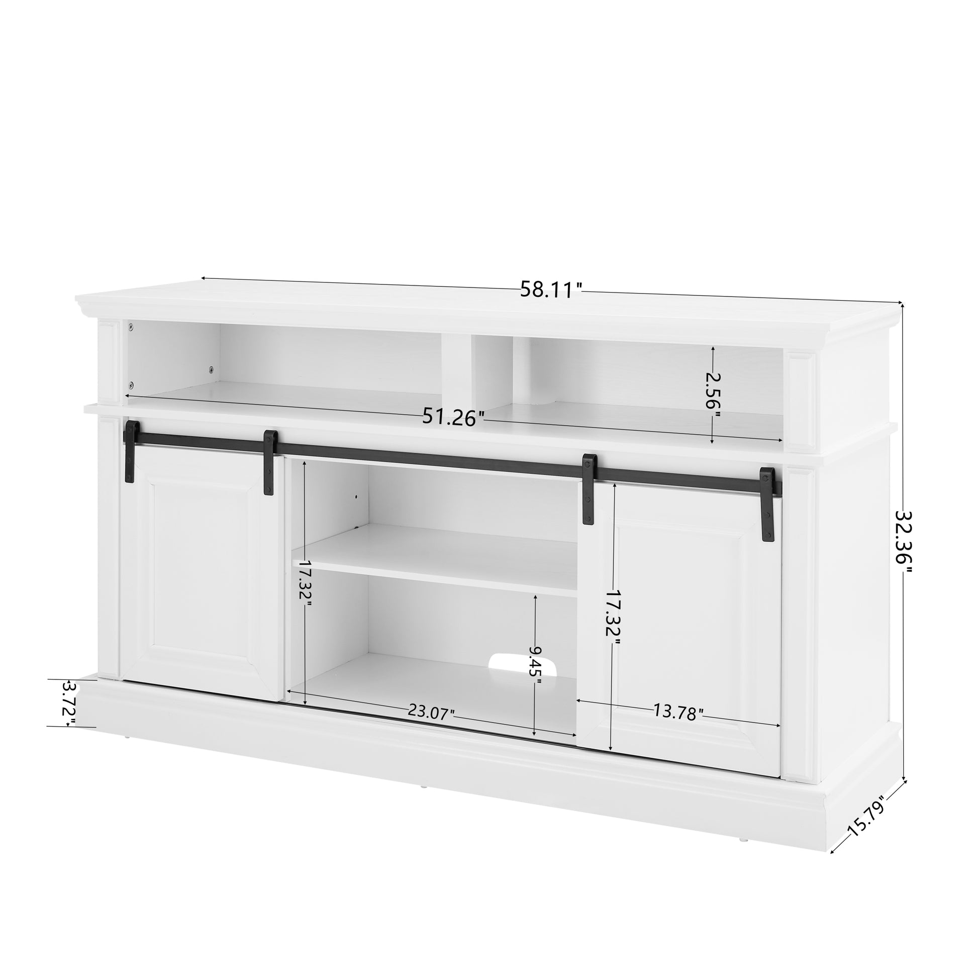 Media Console Table With Storage Cabinet, Mid Century Style Entertainment Tv Table, Multipurpose Sliding Door Tv Cabinet Large Storage Space, 58.11"W*15.79"D*32.36"H Antique White Antique White 60 69 Inches 60 69 Inches 60 Inches Mdf