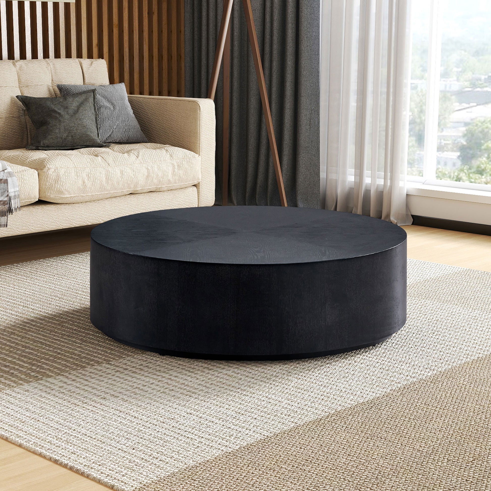 35.43 Inch Modern Round Coffee Table Mdf Coffee Table For Living Room,Drum Center Table For Apartment,No Need Assembly,Black Black Mdf