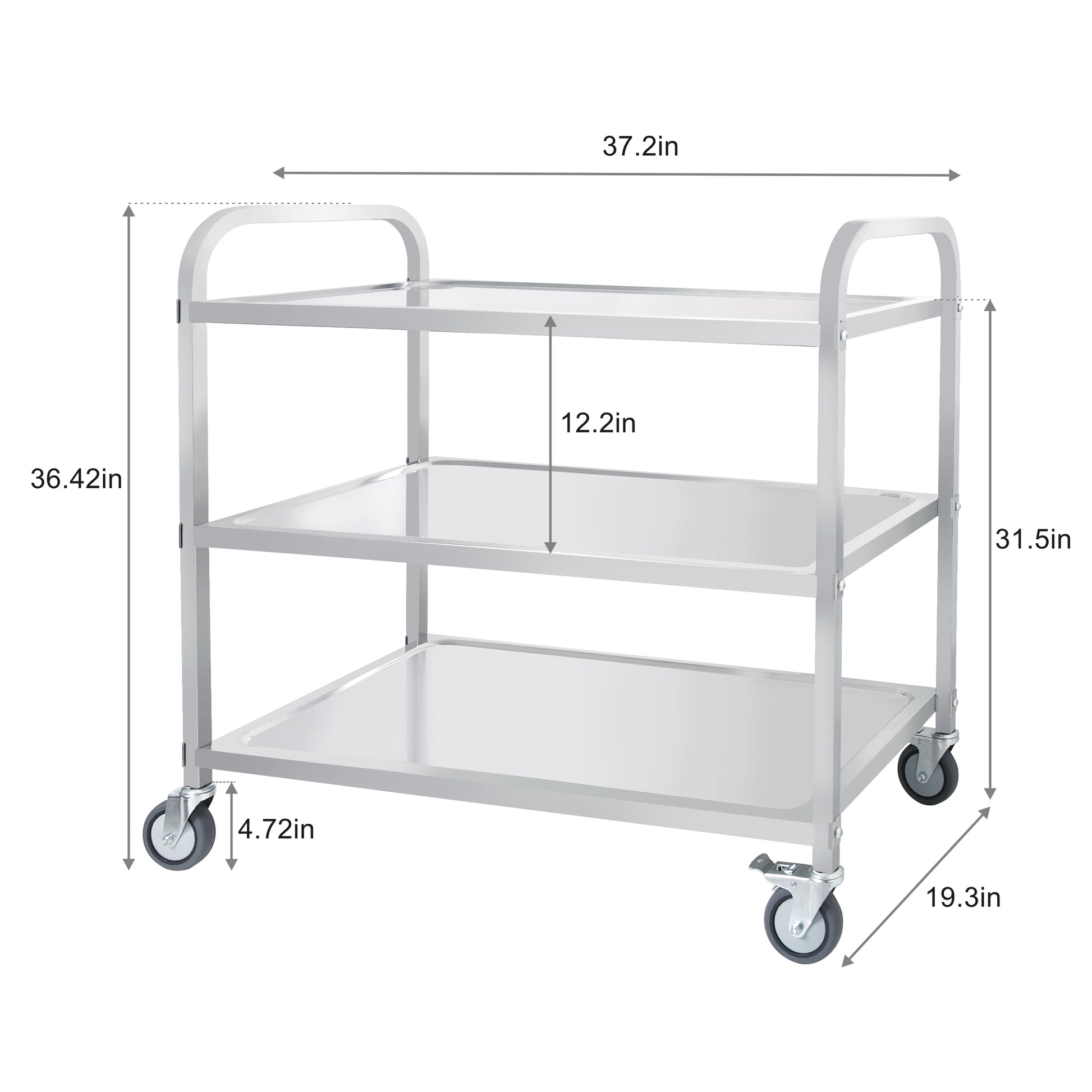 3 Tier Stainless Steel Cart, Serving Cart With Wheels, Restaurant, Household, Service Trolley, 360 Rotation Storage Cart With Locking Wheels 37.4 * 19.2 * 36.6'' L*W*H Rolling Kitchen Food Cart White Silver Stainless Steel