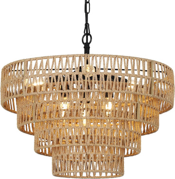 Boho 6 Light Rattan Chandelier Brown Rattan Metal