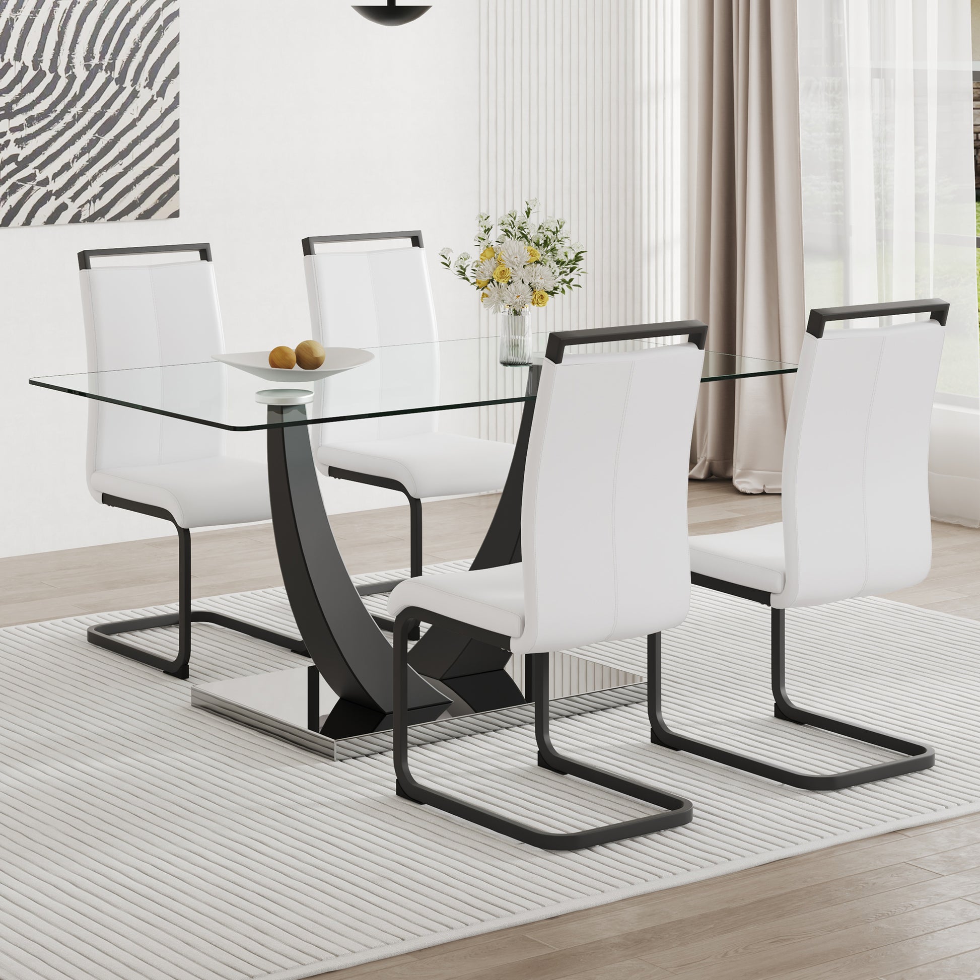 Table And Chair Set.Large Rectangular Glass Dining Table, 0.39 "Tempered Glass Countertop And Black Metal Shaped Bracket.Comes With Chairs With Faux Leather Cushions.Suitable For Kitchen, Dining Room. White Black Seats 4 Glass Metal