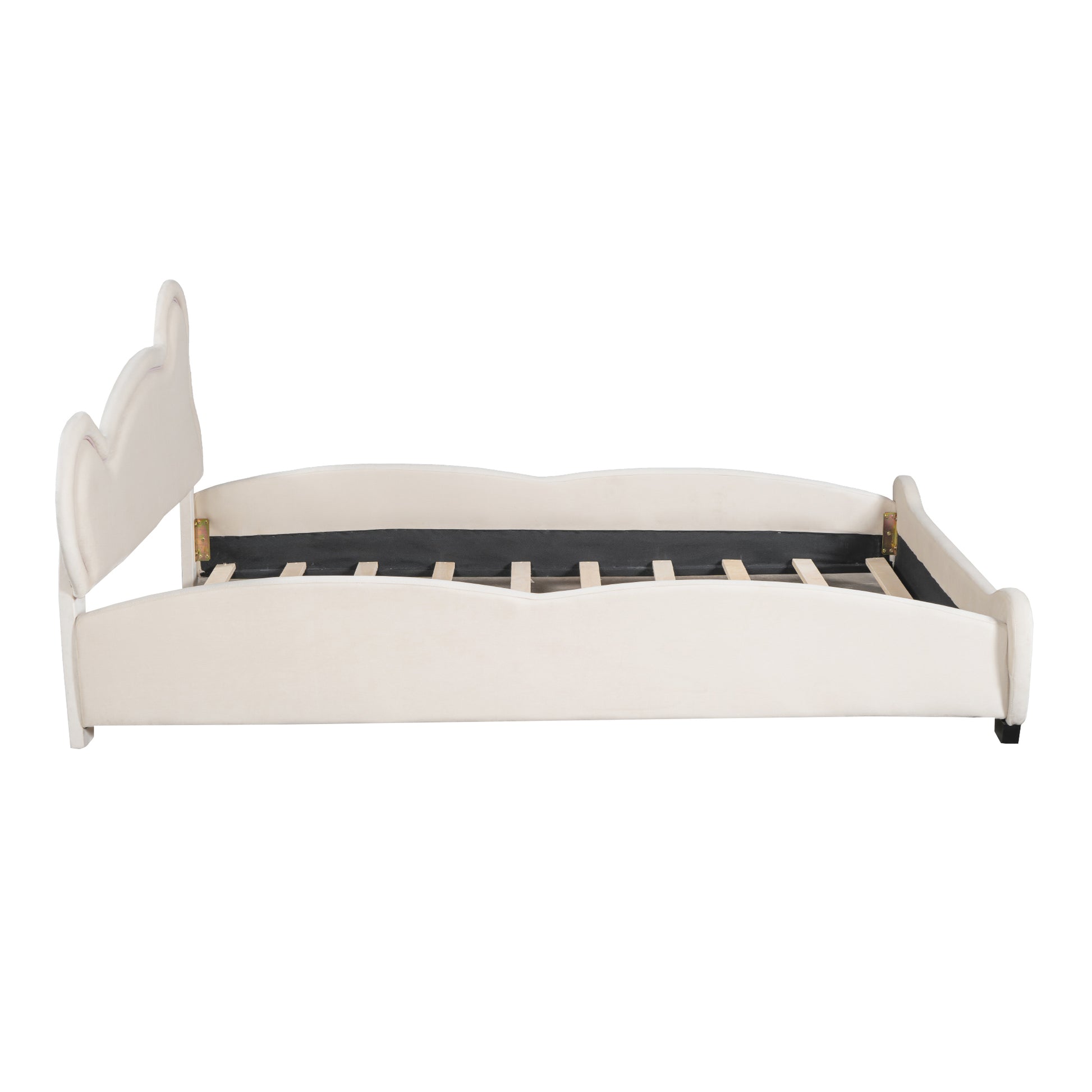 Queen Size Velvet Platform Bed With Bear Shaped Headboard, With Bed End Storage Pocket, Beige Queen Beige Plywood