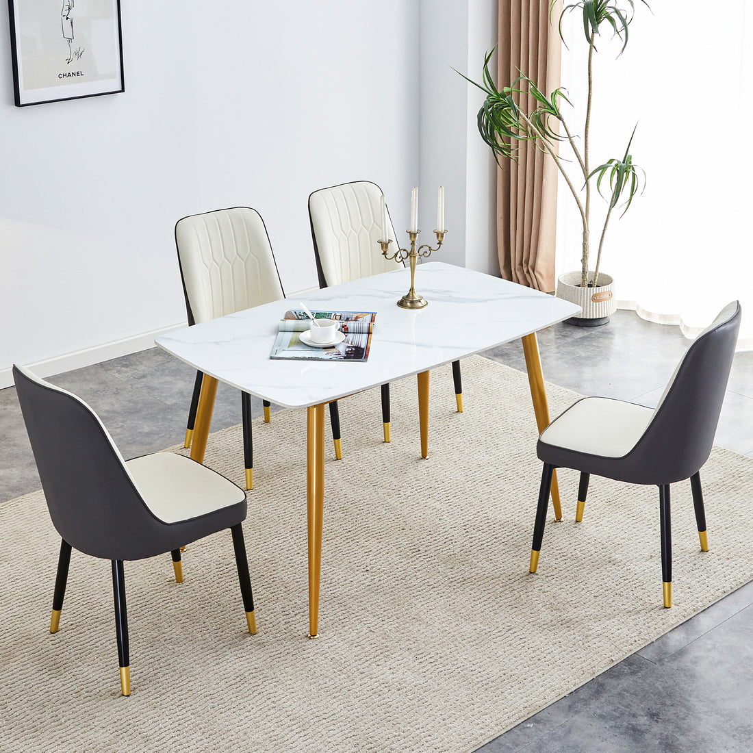 Table And Chair Set.A Morden Table With White Imitation Marble Patterned Stone Burning Tabletop With Golden Metal Legs.Paried With 4 Chairs With Pu Leather Backrest And Black Metal Legs. Black,White Gold Seats 4 Metal,Sintered Stone