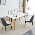 Table And Chair Set.A Morden Table With White Imitation Marble Patterned Stone Burning Tabletop With Golden Metal Legs.Paried With 4 Chairs With Pu Leather Backrest And Black Metal Legs. Black,White Gold Seats 4 Metal,Sintered Stone