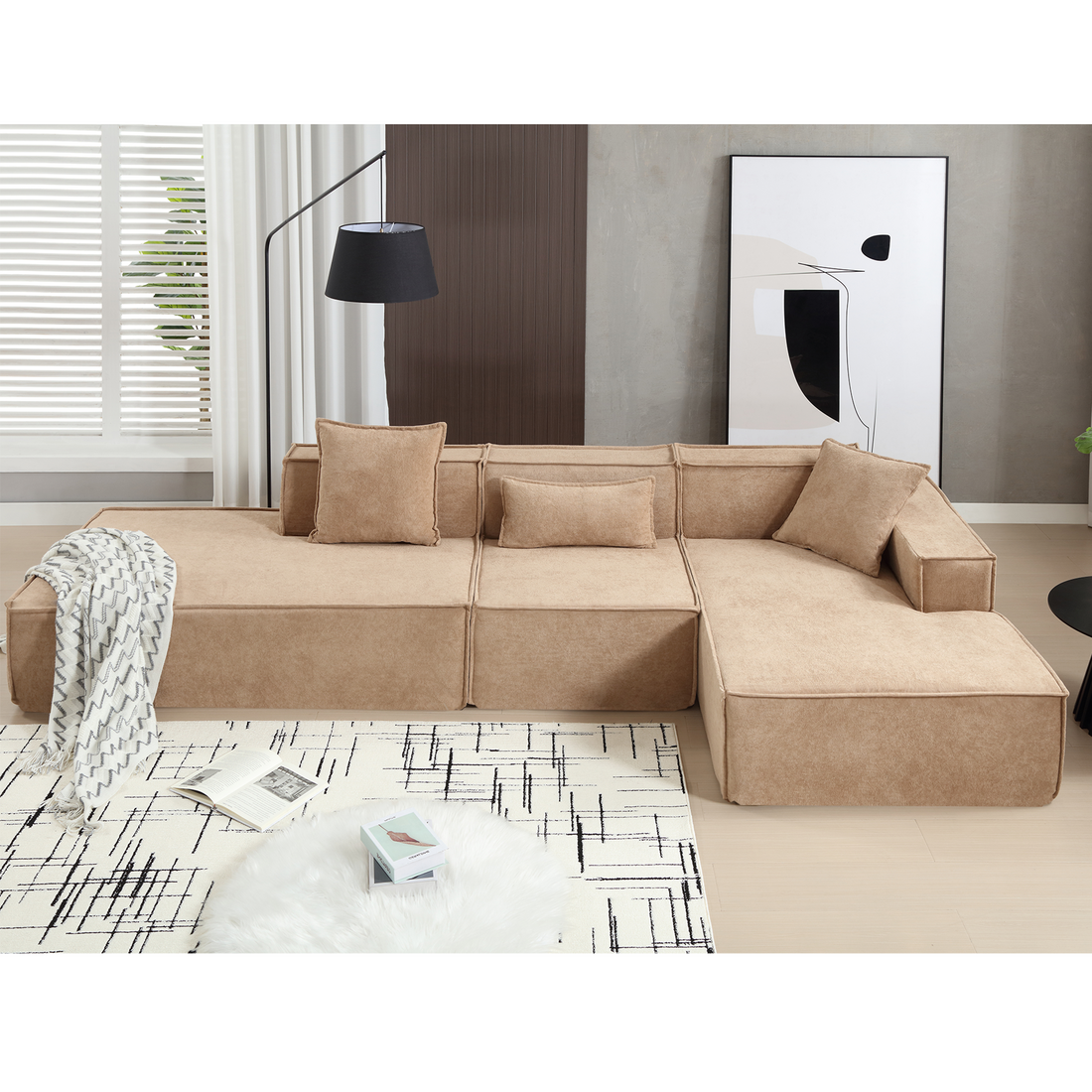 Modular Combination Sofa Set, Modern Minimalist Sofa, Free Installation Sofa, L Shaped, Italian Minimalist Tofu Block Sofa, Right Hand Facing,Terrycloth Fabric,Light Brown Light Brown Polyester Primary Living Space Soft Modern Polyester 3 Seat