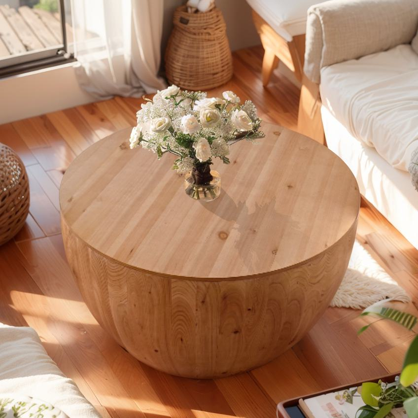 31.50"Vintage Style Bucket Shaped Coffee Table For Office, Dining Room And Living Room Same Sku:W75770648 Natural Solid Wood Mdf