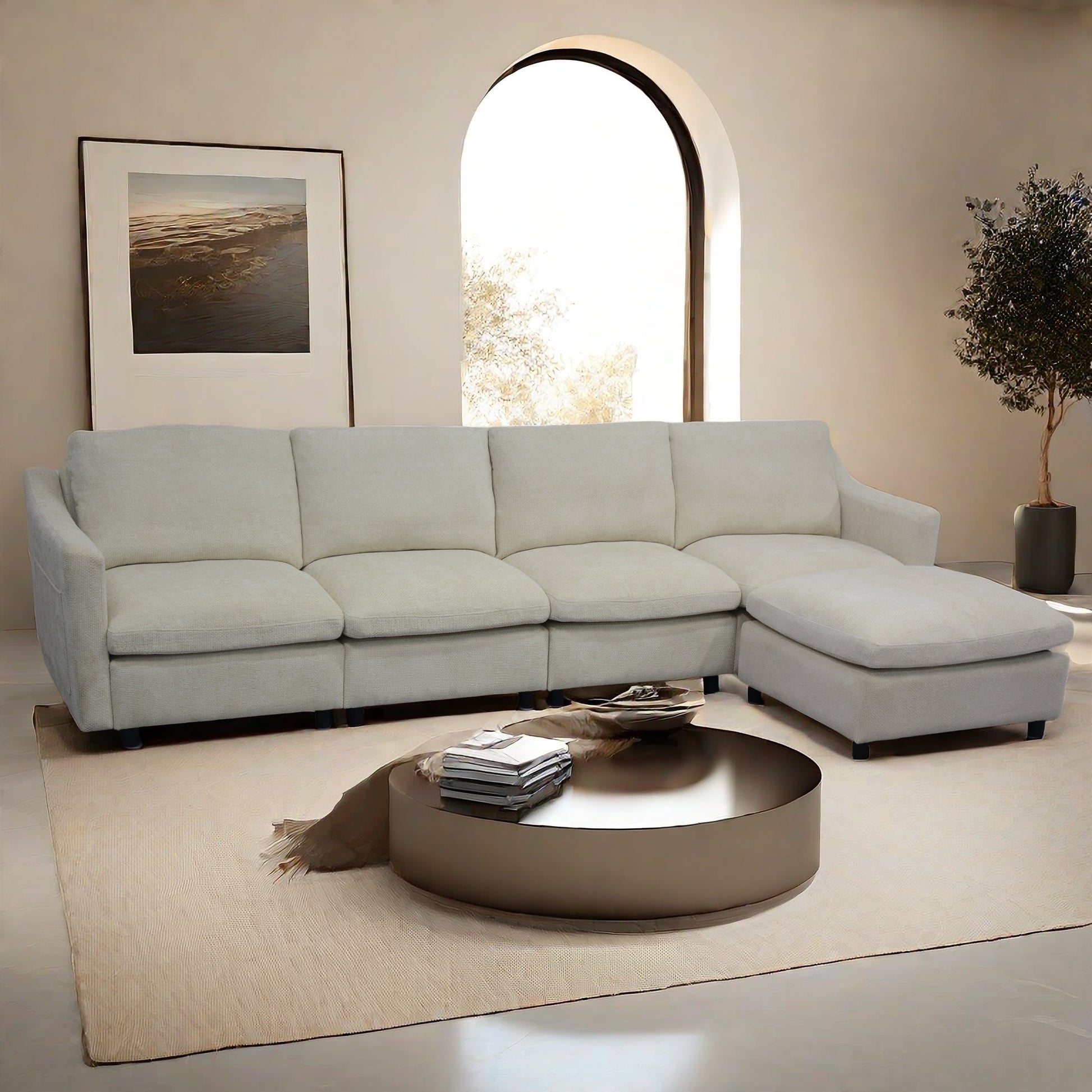 4 Seater Modern Beige Fabric Modular Cloud Sofa With Ottoman, Armrest Pockets And 4 Pillows,Minimalist Style Couch For Living Room, Apartment, Office,2 Colors Beige Linen Wood Primary Living Space