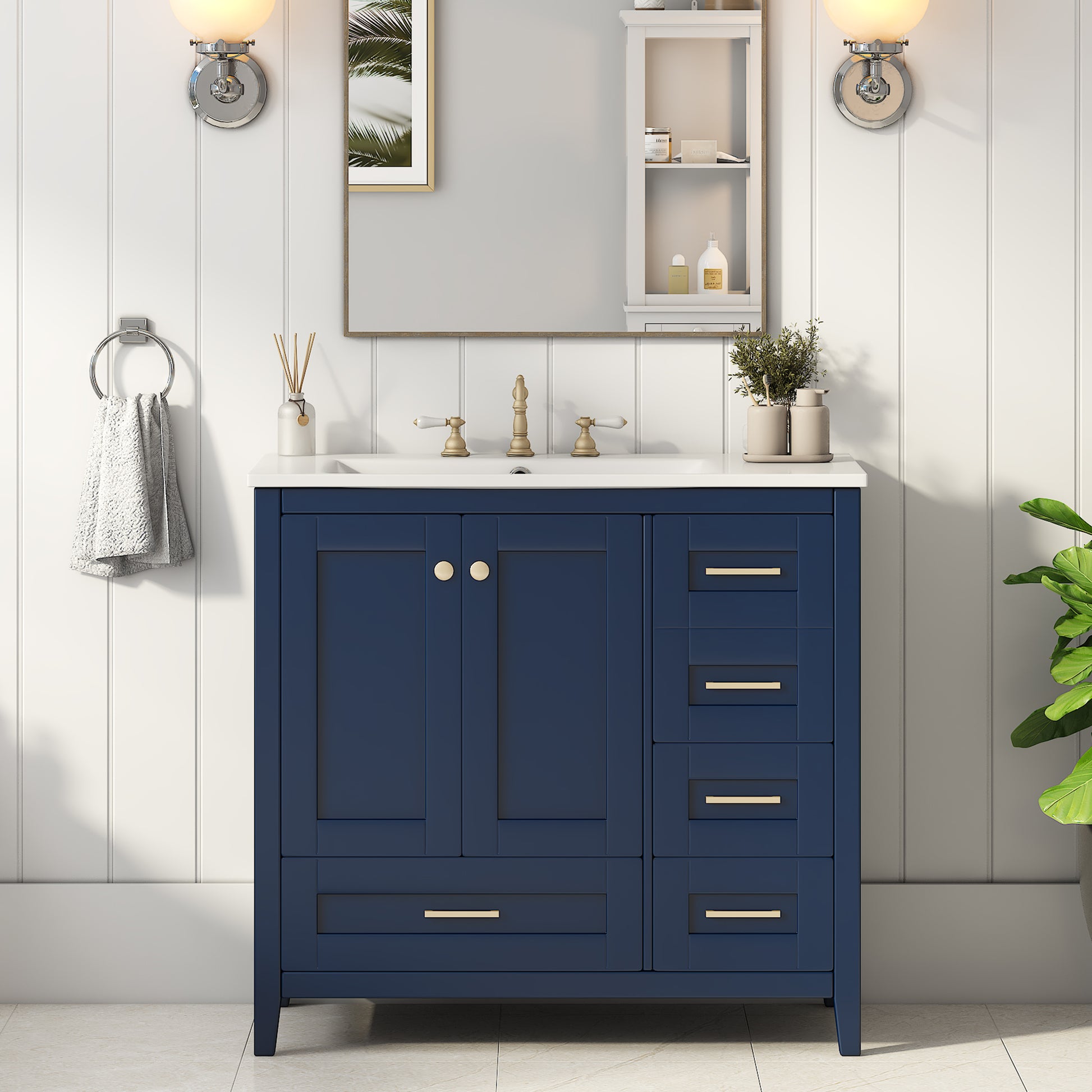 36'' Bathroom Vanity With Sink Combo Set, Modern Bathroom Cabinet With 4 Drawers, Freestanding Wood Bathroom Vanity Set With Solid Wood Feet, Blue 4 Blue 2 Adjustable Hinges Bathroom Freestanding Modern Solid Wood Mdf Resin Painted