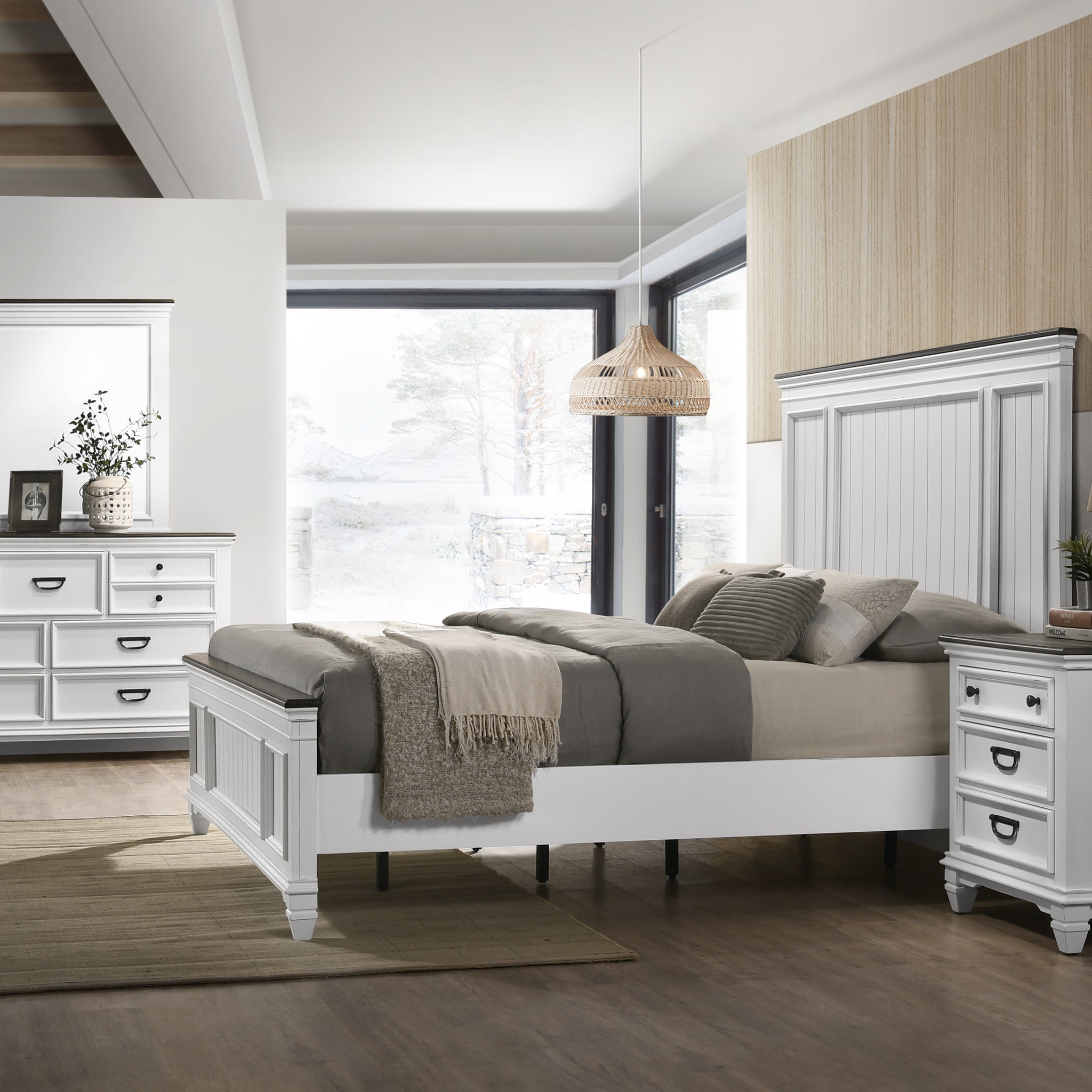 Clelane Wood Bedroom Set With Lap Panel King Bed, Dresser, Mirror, And Nightstand Box Spring Required King Antique White Gray Wood White 4 Piece Set Bedroom Bed Included,Dresser Included,Mirror Included,Nightstand Included Contemporary,Modern Rubberwood