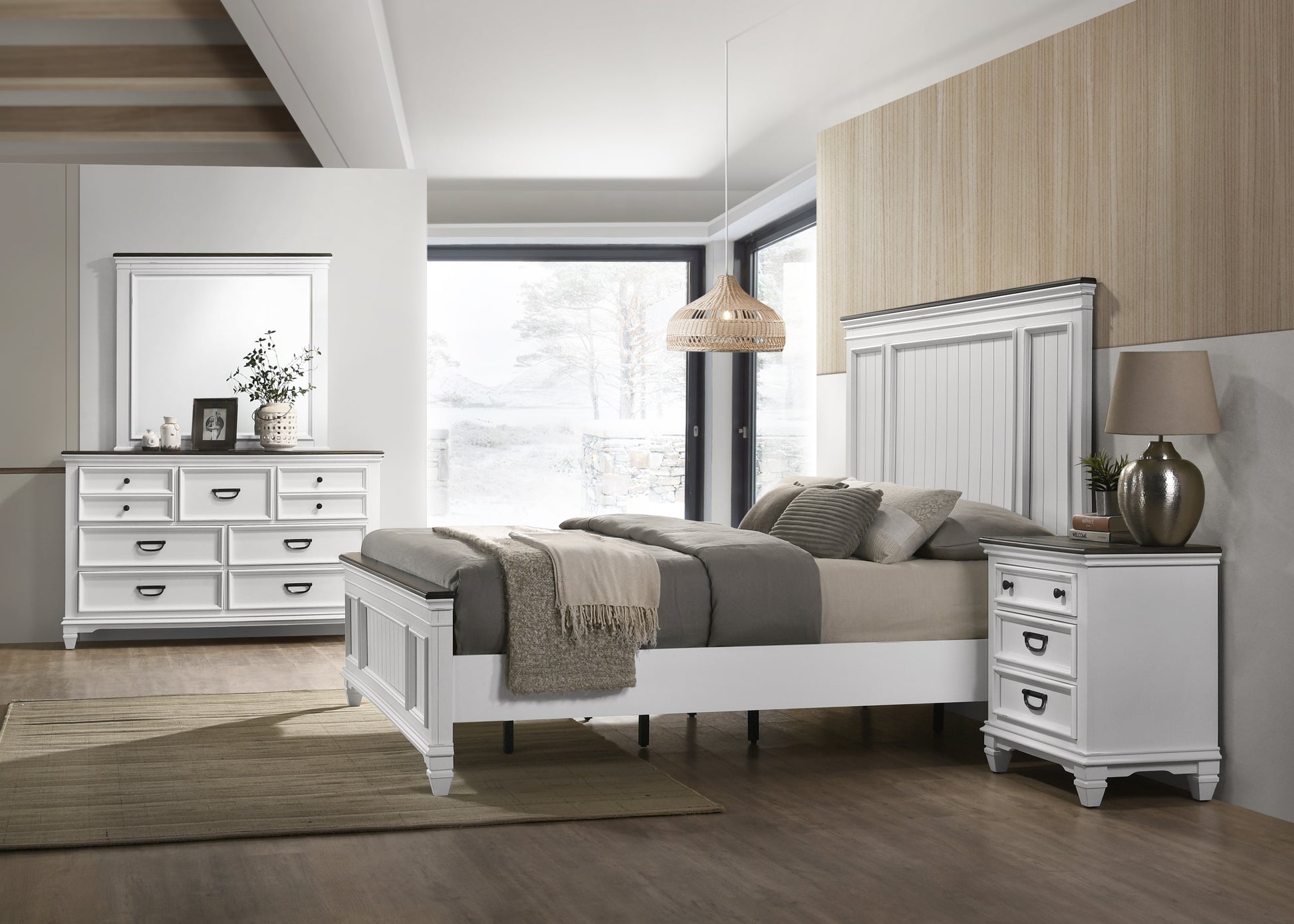 Clelane Wood Bedroom Set With Lap Panel Queen Bed, Dresser, Mirror, And Nightstand Box Spring Required Queen Antique White Gray Wood White 4 Piece Set Bedroom Bed Included,Dresser Included,Mirror Included,Nightstand Included Contemporary,Modern