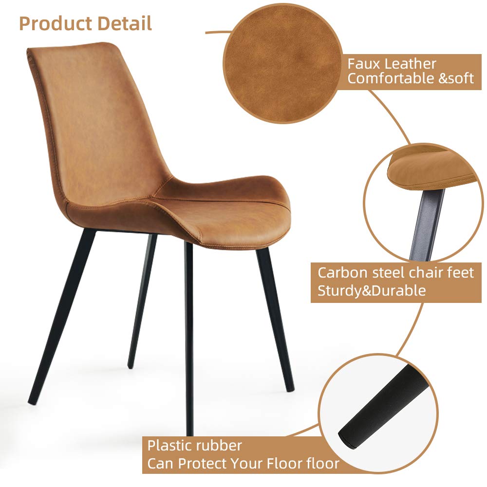 2 Pcs Faux Leather Dining Chairs, Mid Century Modern Leisure Upholstered Chair With Metal Legs For Kitchen Living Room Brown Brown Pu Set Of 2 Carbon Steel Pu Leather