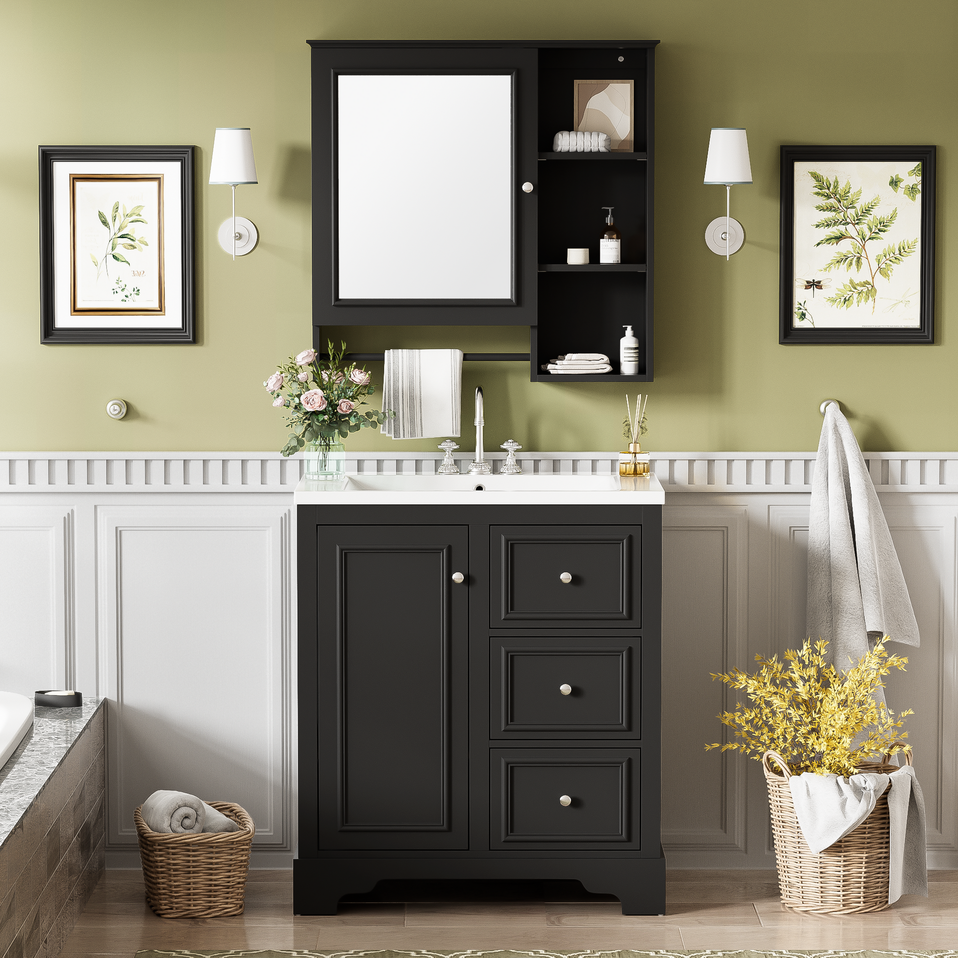 30 Inch Bathroom Vanity With Sink, Modern Elegant Bathroom Storage Cabinet With 3 Drawers And Adjustable Shelves, Freestanding Vanity Set With Mirror Cabinet, Single Sink Bathroom Vanity Black Bathroom Solid Wood Mdf Glass