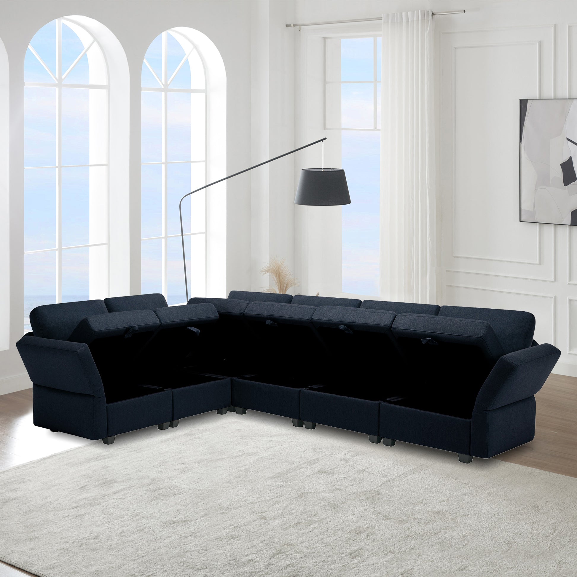 L Shaped Modular Sectional Corner Sofa Couch, 6 Seat Modular Sectional Sofa With Chaise For Living Room, Adjustable Arms And Backs Blue Blue Polyester 6 Seat