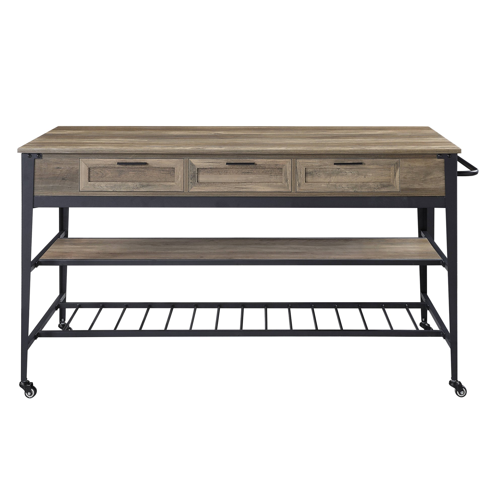 Rustic Oak And Black 3 Drawer Kitchen Island With 2 Shelf Rustic Dining Room Rectangular Stationary Kitchen Islands Wood Metal Small Less Than 40In