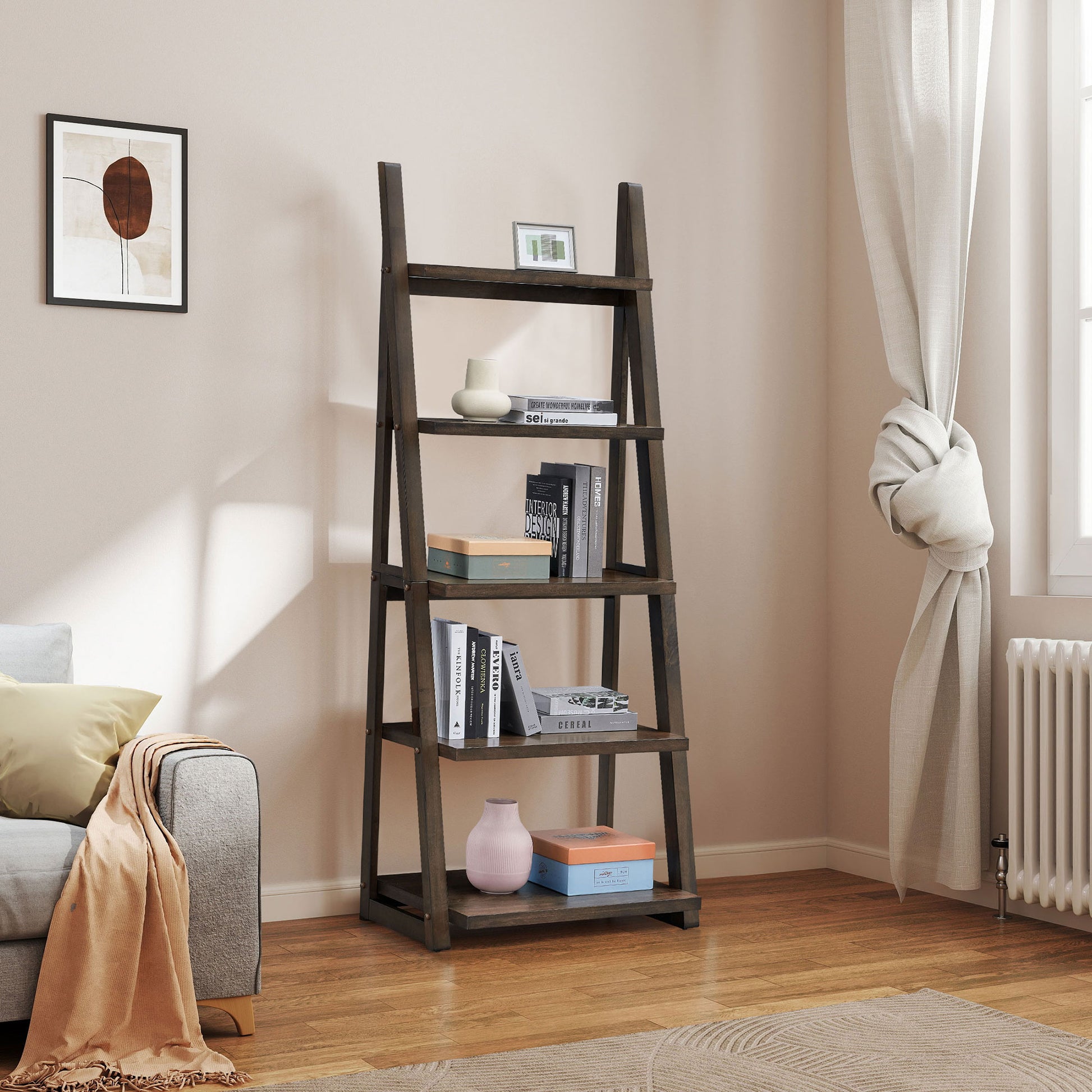 5 Tier Shelves,Bookshelf, Storage Rack, Bookcase With Rubber Wood Frame, Ladder Shelf For Living Room, Home Office, Kitchen, Bedroom, Apartment ,Rustic Brown Rustic Brown Solid Wood Mdf