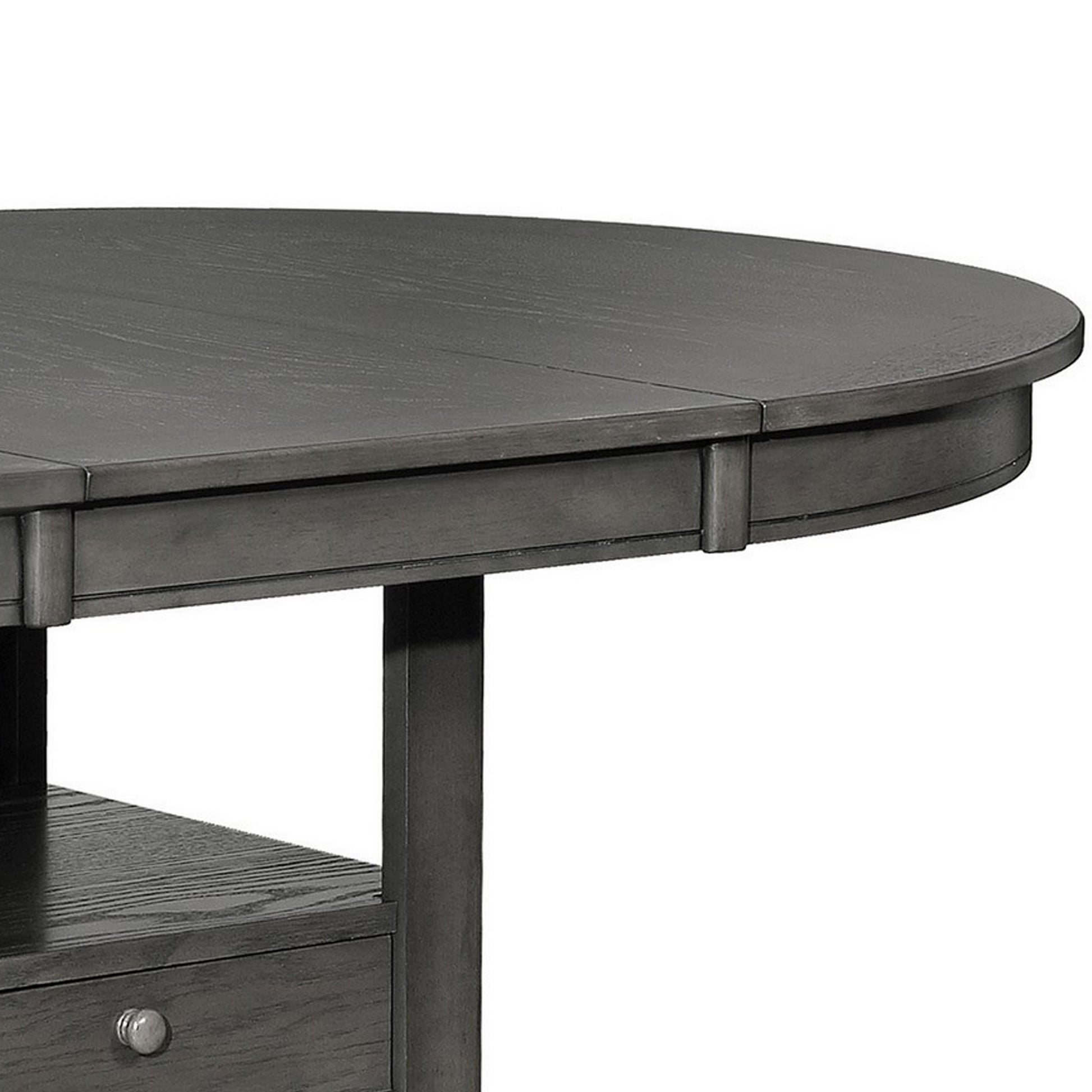 42 60 Inch Extendable Oval Dining Table, Shelf, Closed Storage, Smooth Gray Gray Wood