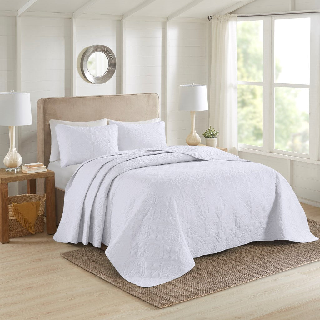 3 Piece Reversible Bedspread Set White King Cal King King White Polyester