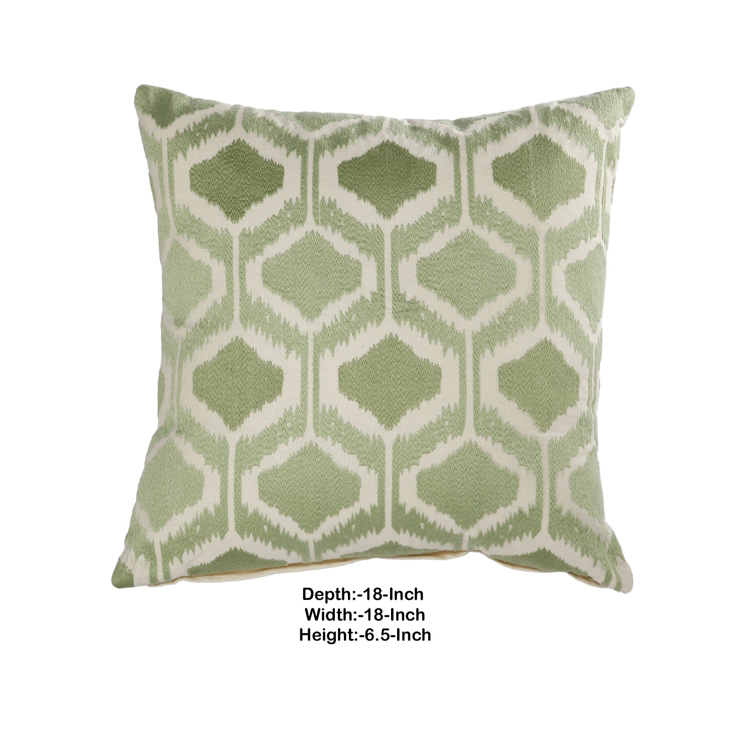 20 X 18 Inch Cotton Pillow With Fretwork Embroidery, Green And White White Green Polyester Blend