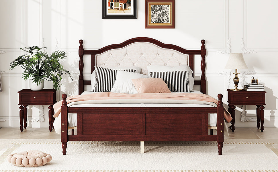 Queen Pine Wooden Bed With Upholstered Headboard And Panel Footboard, With Two Bed Rail Support Feet And Central Platform Support Feet ,Classic Cherry Queen Cherry Pine