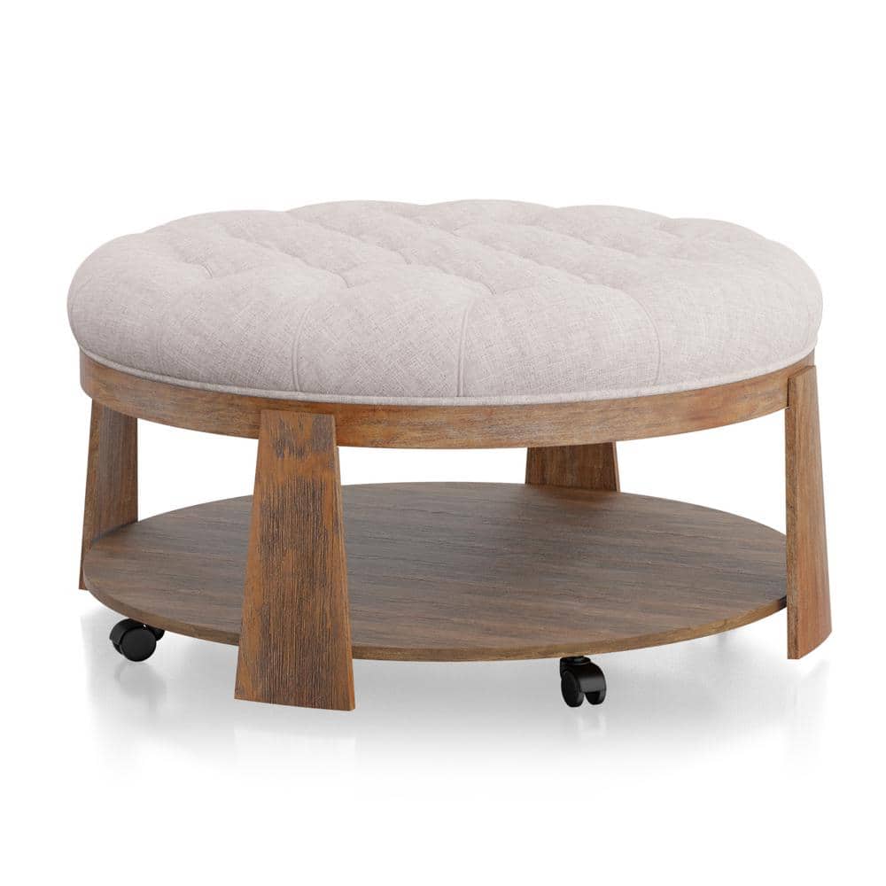 Wire Brushed Finish Natural Tone Beige 1Pc Ottoman Transitional Style Deep Button Linen Like Tufted Seat Open Bottom Shelf Living Room Beige Natural Linen Primary Living Space Beige Contemporary,Rustic,Transitional Rubberwood Round Tufted Solid Wood