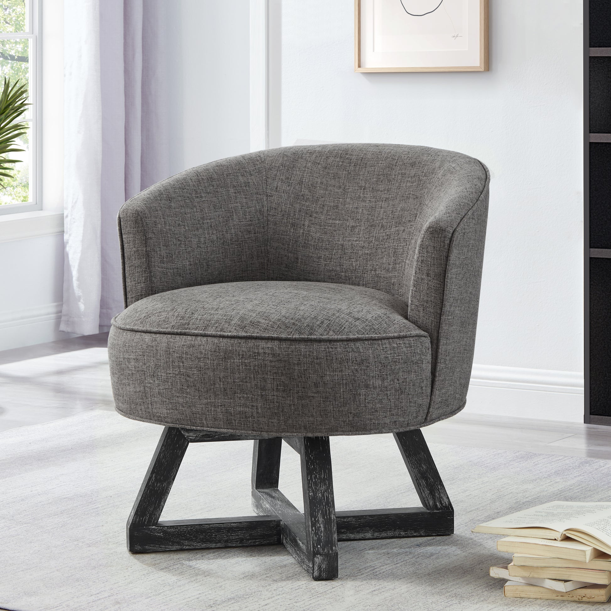 Swivel Chair With Cross Shaped Wooden Base,Lounge Chair With Solid Wood Legs, 360 Freely Swivel Chairclassic Linen Fabric For Living Room, Bedroom, Office, Dresser Dark Gray Dark Gray Gray Primary Living Space American Design,Artsy,Classic,Modern