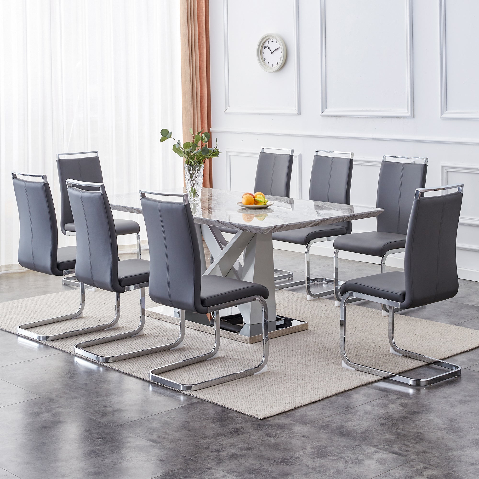 1 Table And 8 Chairs Set.Modern Grey Mdf Faux Marble Dining Table With Double V Shaped Supports.Paired With 8 Modern Pu Artificial Leather Soft Cushion With Silver Metal Legs.F Vv,C 1162 Gray Seats 8 Mdf Metal