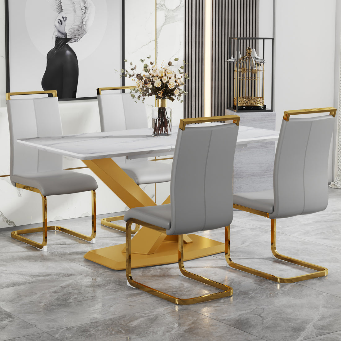 Table And Chair Set, The Table Is Equipped With A Marble Patterned Mdf Tabletop And Gold Table Legs.The Chair Is Equipped With Pu Synthetic Leather High Back Cushion And Gold Coated Metal Legs. Grey Gold Seats 4 Mdf Metal
