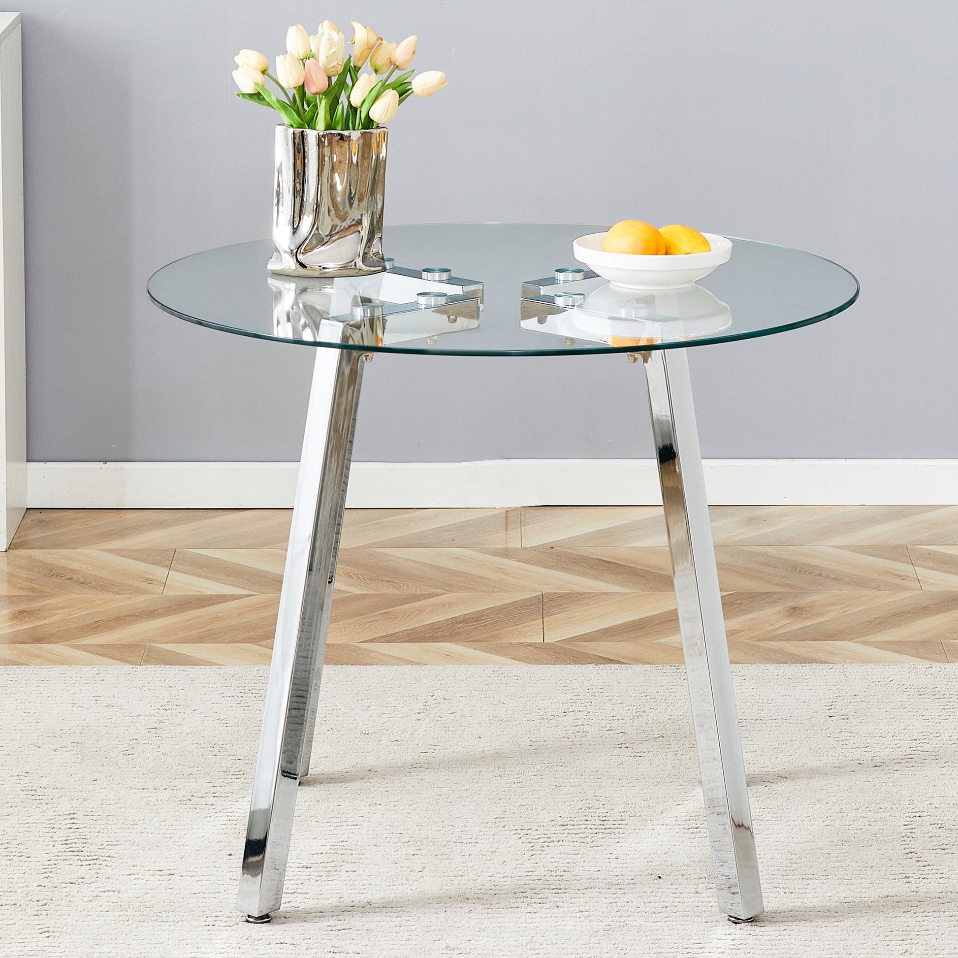 Modern Luxurious Round Tempered Glass Dining Table With Silver 7 Shaped Metal Legs,Suitable For Family Meals, Office Conferences, Or As A Casual Coffee Table For Various Occasions.36*36*29.5 Silver