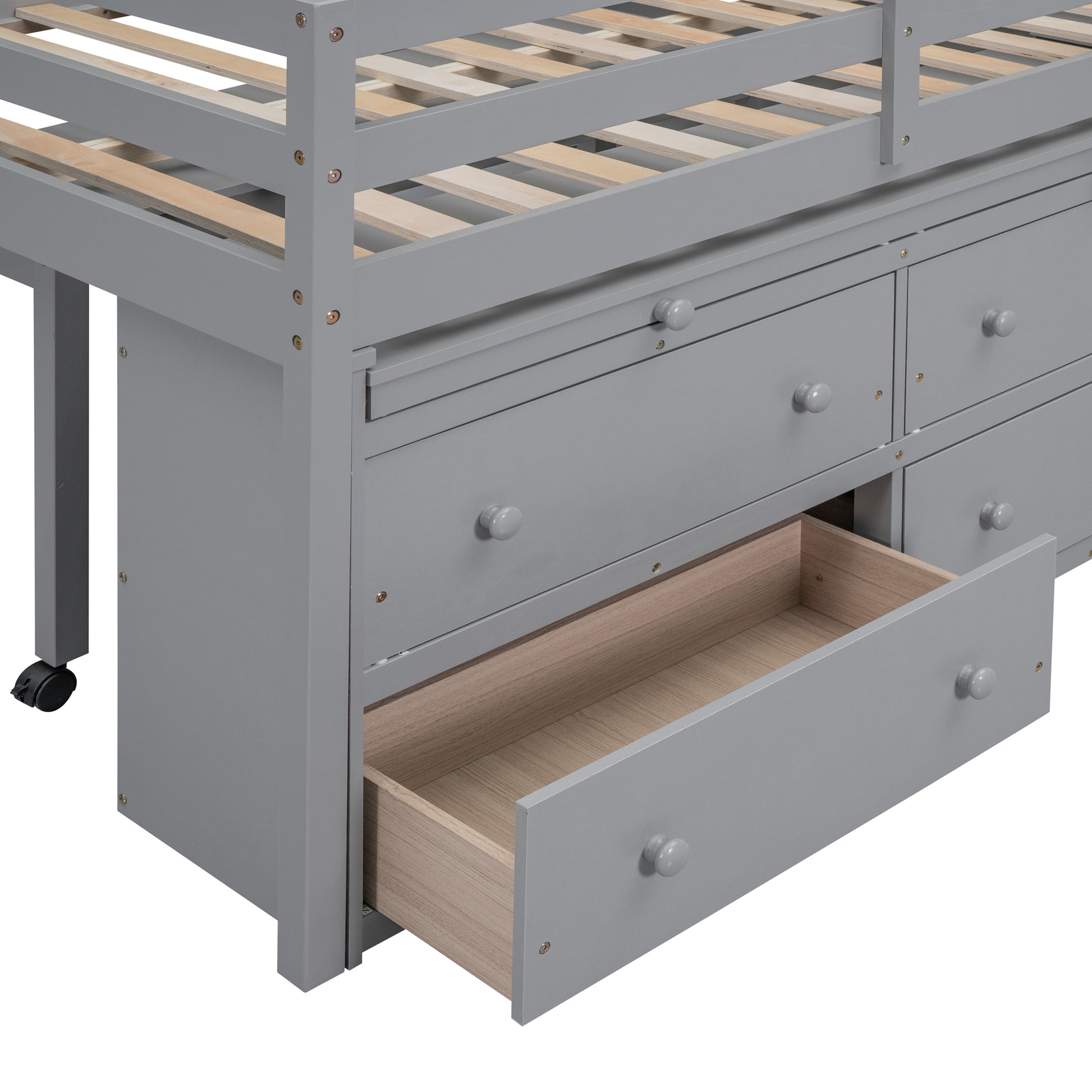 Full Size Loft Bed With Retractable Writing Desk And 4 Drawers, Wooden Loft Bed With Lateral Portable Desk And Shelves, Gray Full Gray Solid Wood Mdf