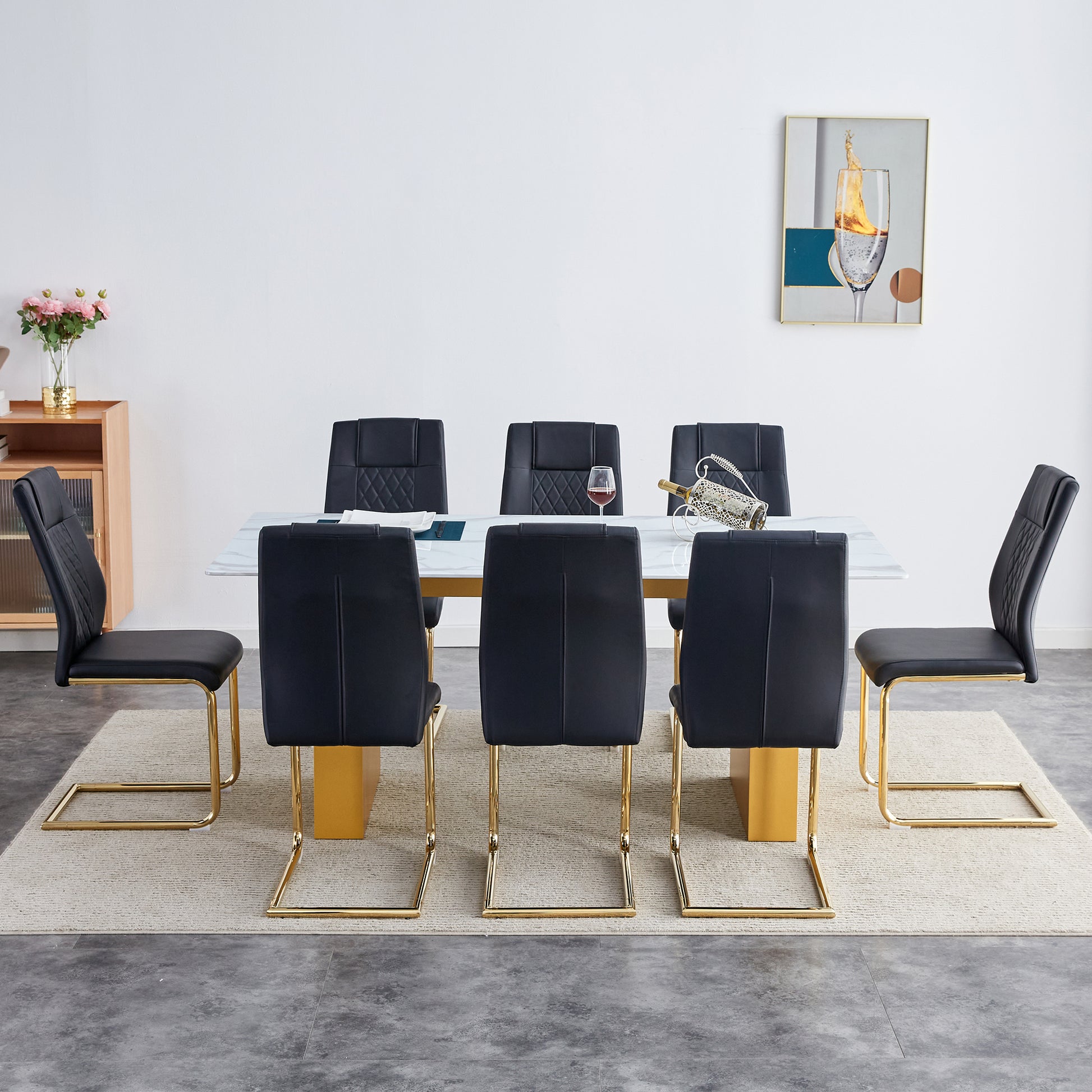 Table And Chair Set.Large Modern Rectangular Table With 0.4 Inch Patterned Glass Tabletop And Large Mdf Table Legs.Comes With 8 Chairs With Faux Leather Cushioned Seats And Golden Metal Legs. Gold White Seats 8 Mdf Glass