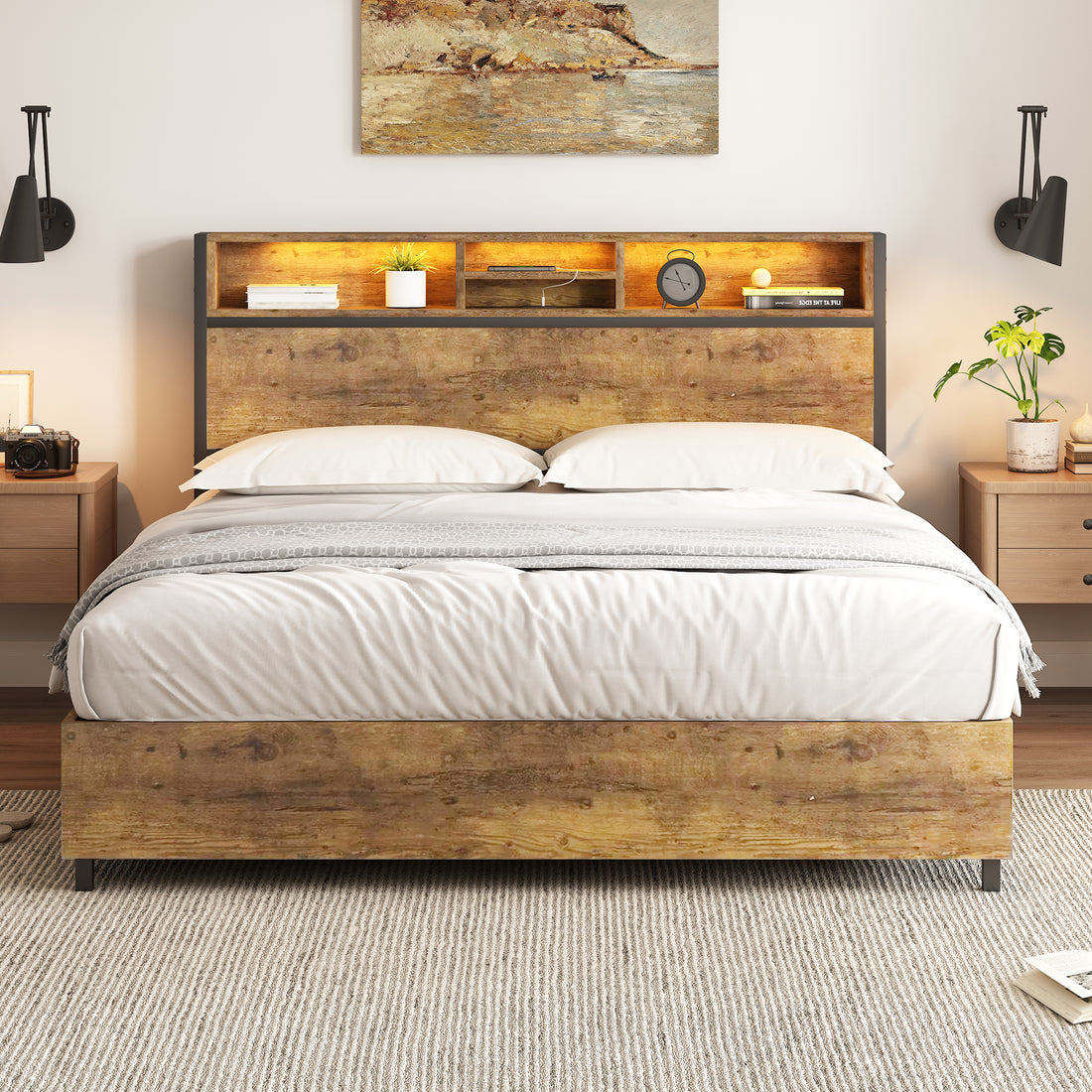 Metal Platform Bed With Underneath Storage, Led And Usb Ports, Full, Black Full Black Mdf Metal