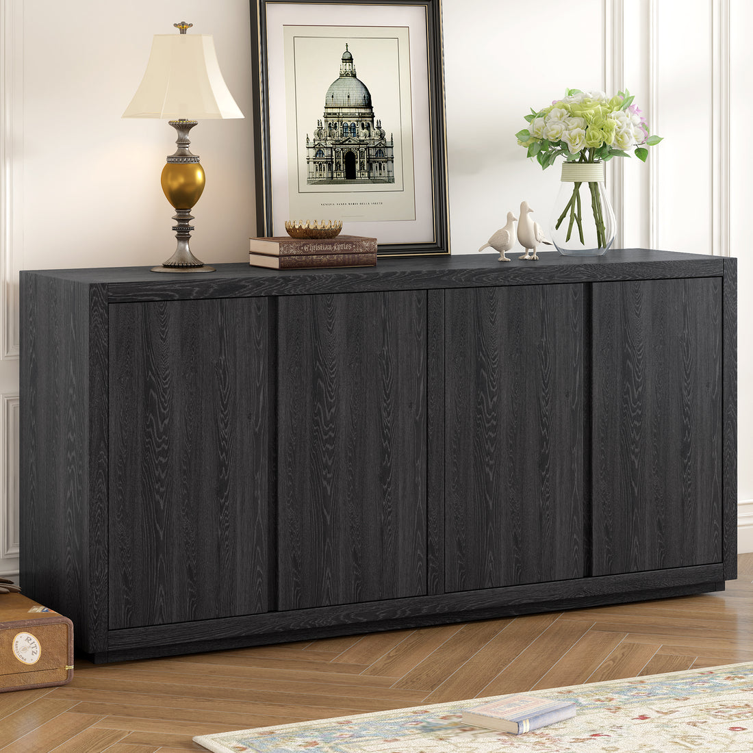 Distinctive Features Of A Four Door Cabinet Sideboard With Ash Veneer Suitable For Hallway, Entryway, Living Room Black Mdf