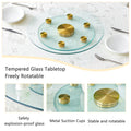 Double Layer Rotatable Round Glass.Golden Aluminum Plate,The Rotatable Design Makes It Convenient To Retrieve And Place Items.The Upper Glass Has A Diameter Of 20 Inches,The Lower Glass15 Inches.