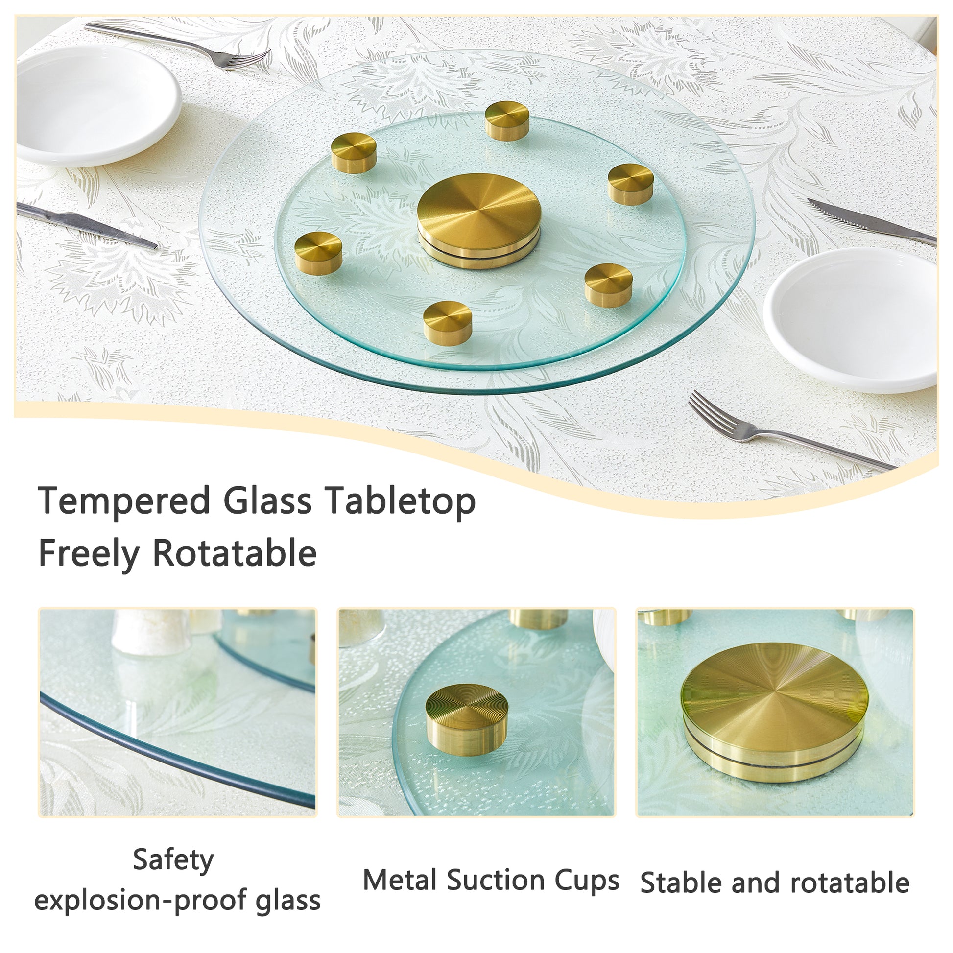Double Layer Rotatable Round Glass.Golden Aluminum Plate,The Rotatable Design Makes It Convenient To Retrieve And Place Items.The Upper Glass Has A Diameter Of 20 Inches,The Lower Glass15 Inches.