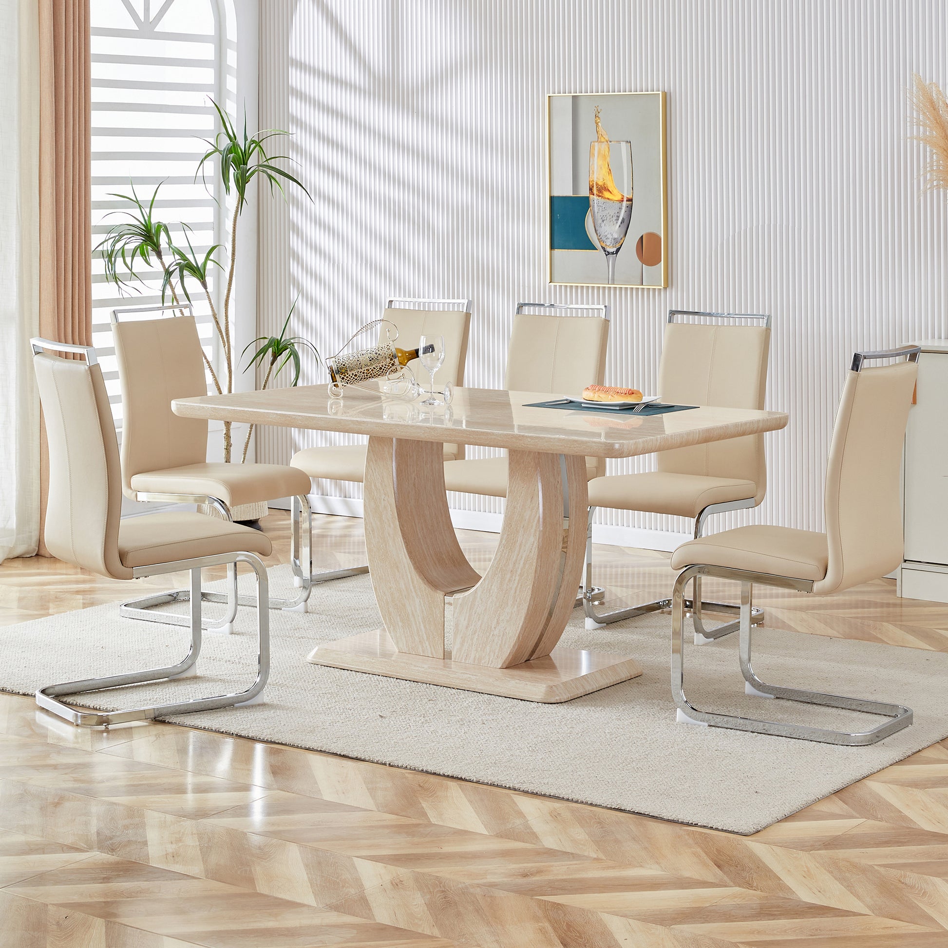 Table And Chair Set.Modern Minimalist Luxury Mdf Rectangular Dining Table With Light Yellow Textured Stickers On The Table, 6 Pu Synthetic Leather High Backrest Soft Cushioned Side Chairs. Light Yellow Seats 6 Mdf