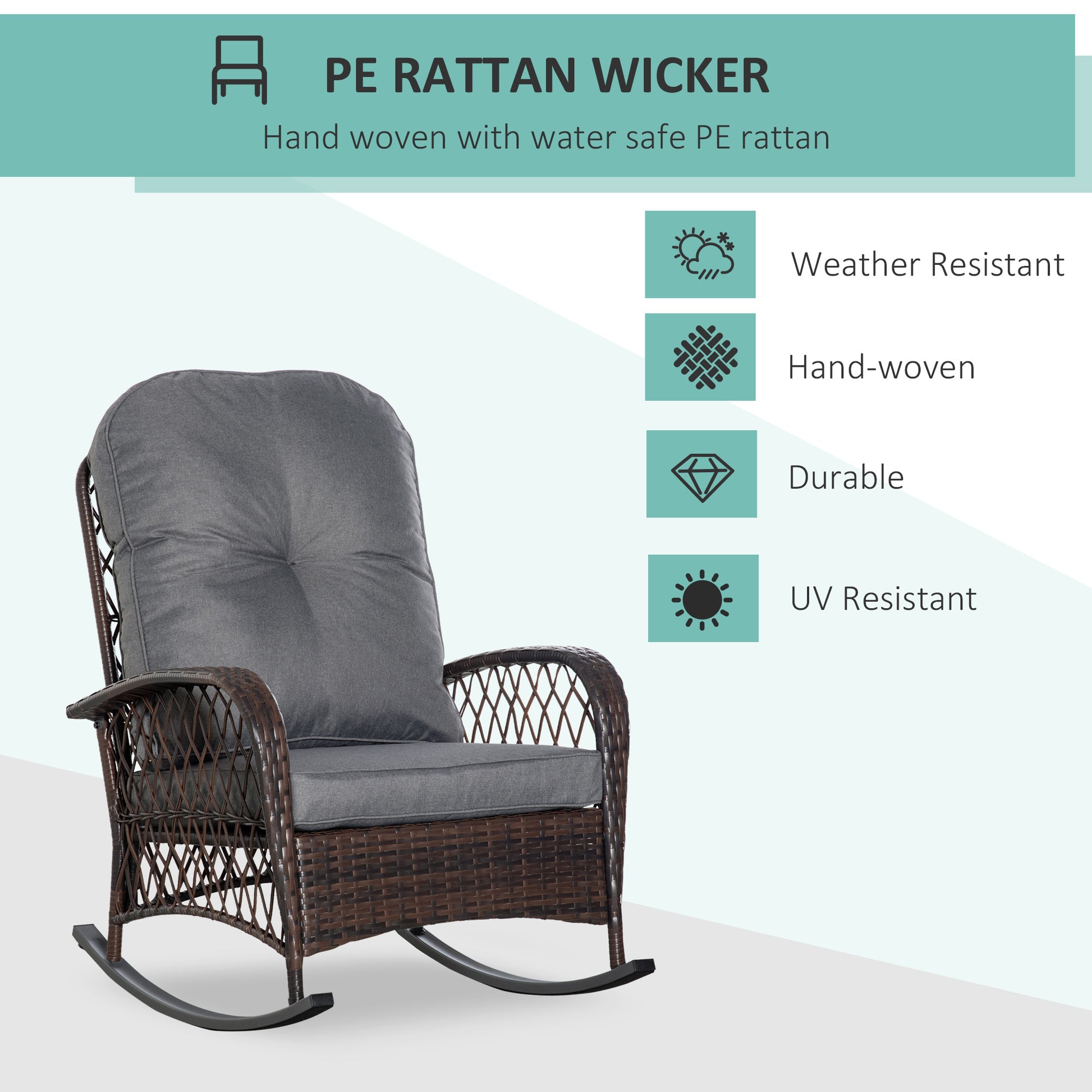 Outsunny Outdoor Wicker Rocking Chair With Wide Seat, Thick, Soft Cushion, Rattan Rocker W Steel Frame, High Weight Capacity For Patio, Garden, Backyard, Grey Gray Steel