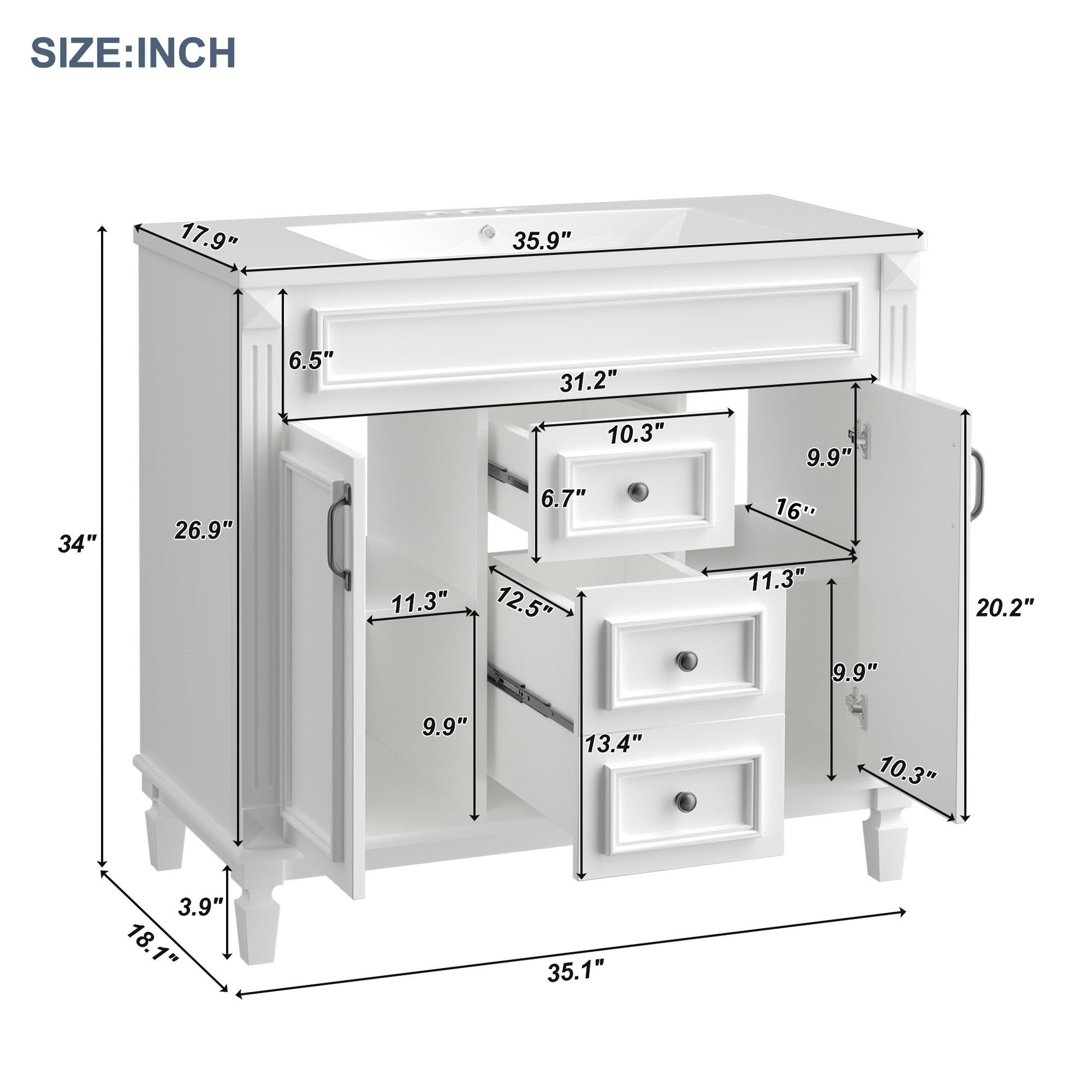 36'' Bathroom Vanity With Top Sink, Modern Bathroom Storage Cabinet With 2 Soft Closing Doors And 2 Drawers, Single Sink Bathroom Vanity White Mdf