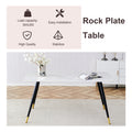 Table And Chair Set, White Imitation Marble Texture Rock Board Table Top, Black Metal Table Legs.Paired With 4 White Artificial Leather Backrest Cushion Dining Chairs With Black Metal Legs. White Black Seats 4 Metal