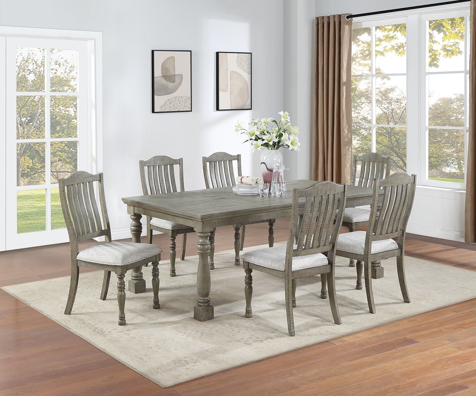 Dining Table 6X Side Chairs 7Pcs Dining Set Light Grey Finish Dining Room Furniture Plush Upholstered Fabric Seat Contemporary Style Wood Light Grey Seats 6 Wood Dining Room Contemporary,Modern,Transitional Rubberwood Rectangular 4 Leg Rectangular Dining
