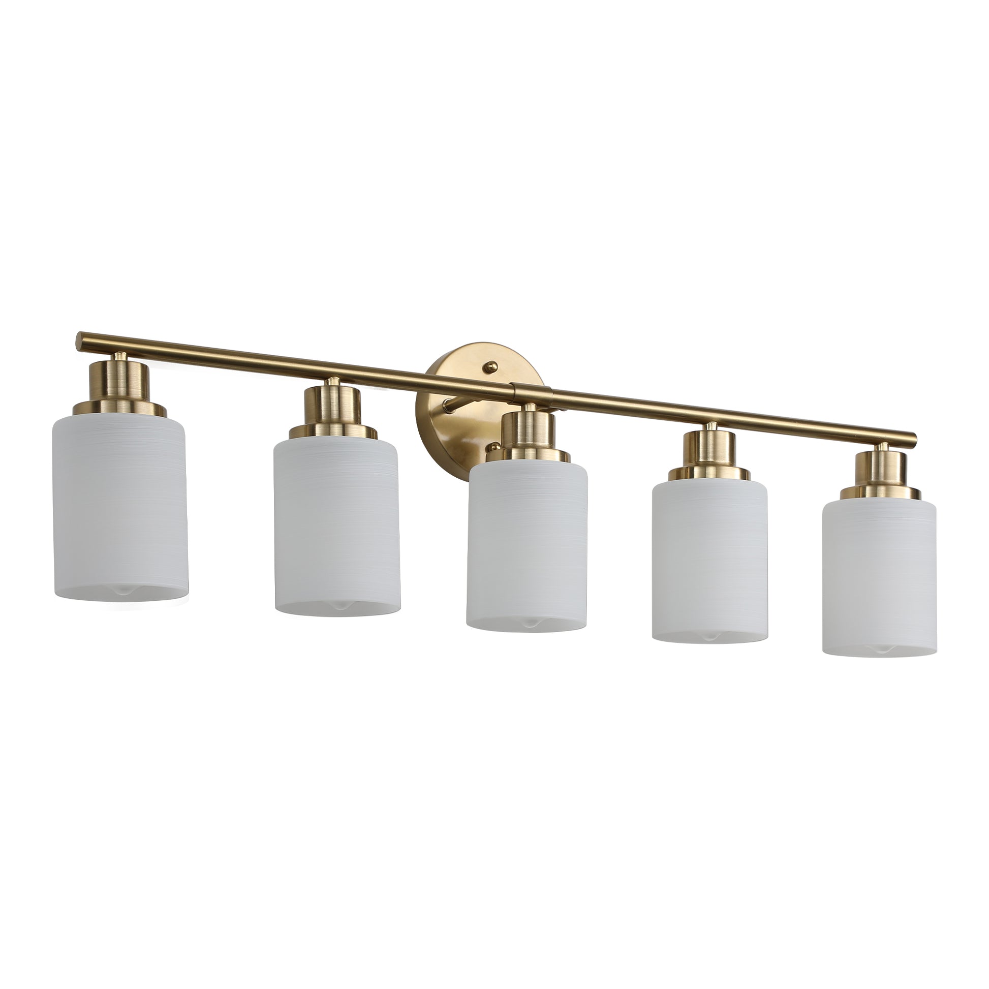 5 Light Golden Bathroom Vanity Light Fixture, Frosted Glass Shades, Modern Wall Mounted Lighting No Bulbs Golden Glass Iron