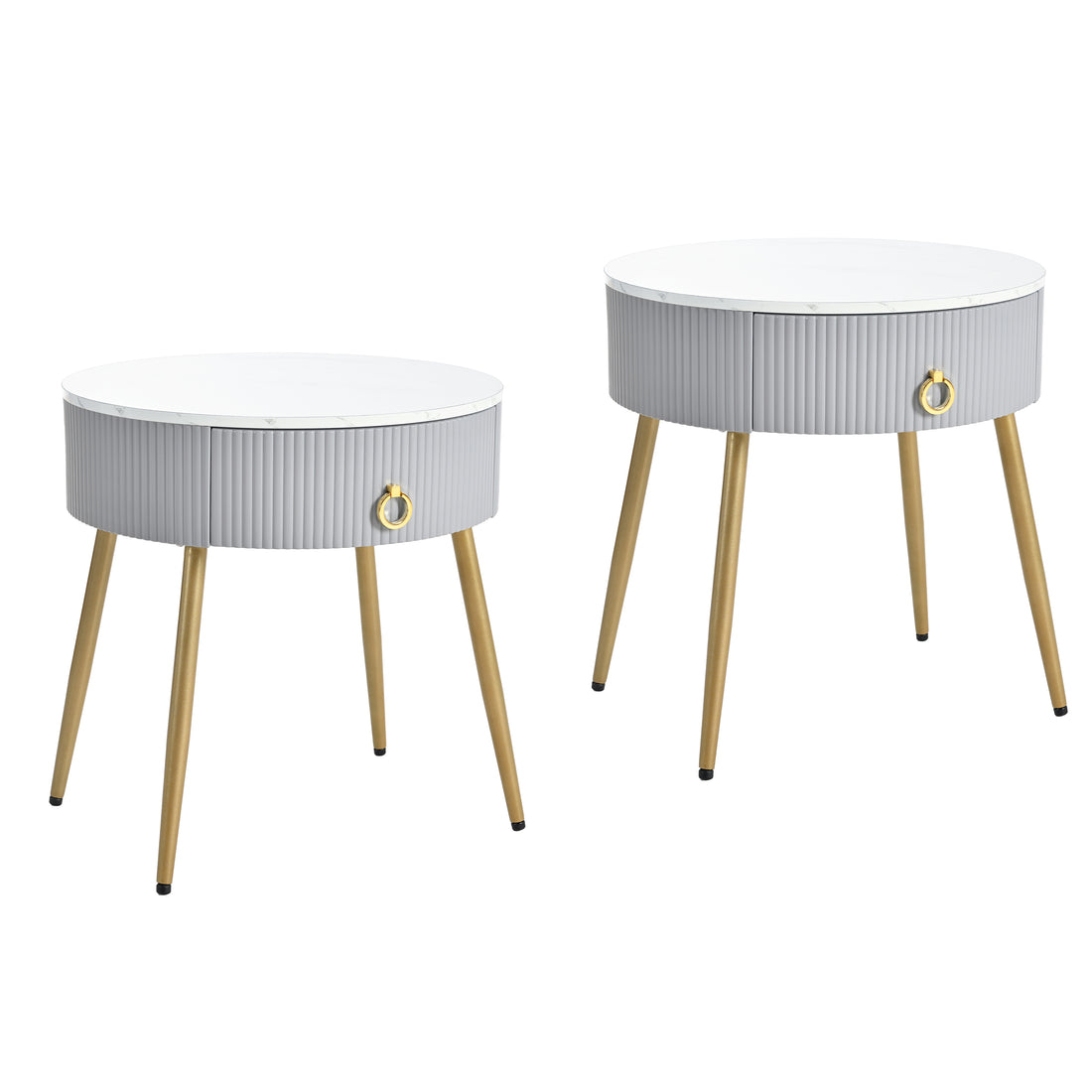 19.6'' Easy Assembly End Tables With High Gloss Faux Marble Tabletops, Set Of 2, Modern Fluted 2 Side Tables With Drawers, Round Coffee Tables With Golden Legs For Living Room, Grey Grey Gold Primary Living Space Drawers Round Mdf Iron