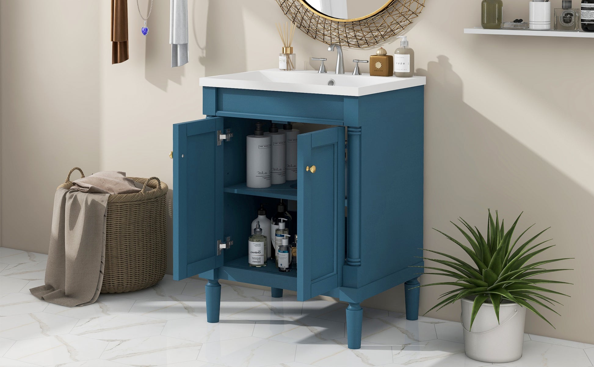 24'' Bathroom Vanity With Top Sink, 2 Tier Modern Bathroom Storage Cabinet, Single Sink Bathroom Vanity, Large Storage Shelves Blue 2 1 Adjustable Hinges Freestanding Modern Solid Wood Mdf Resin Painted