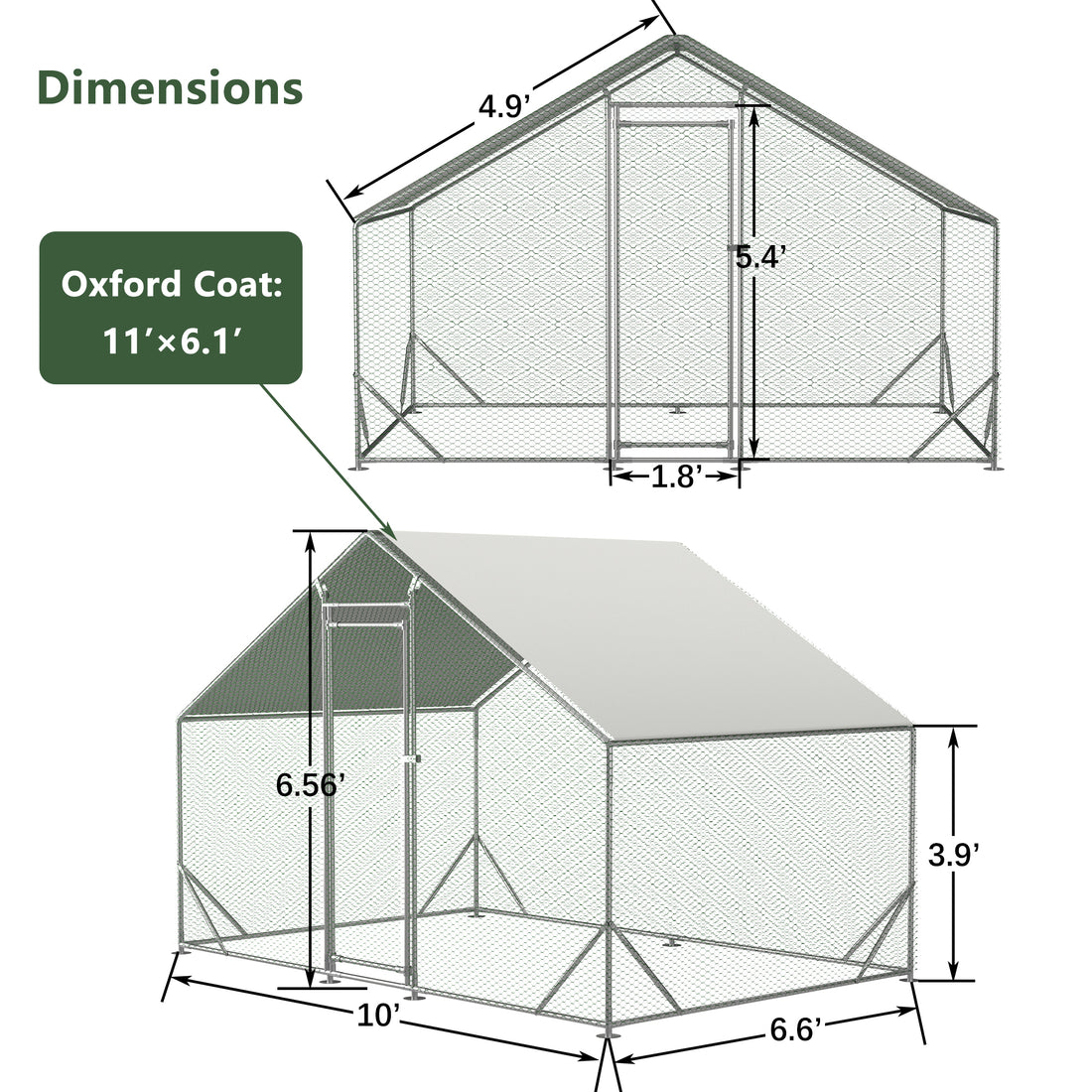 Large Metal Chicken Coop, Walk In Chicken Run,Galvanized Wire Poultry Chicken Hen Pen Cage, Rabbits Duck Cages With Waterproof And Anti Ultraviolet Cover For Outside 10' L X 6.6' W X 6.56' H Silver