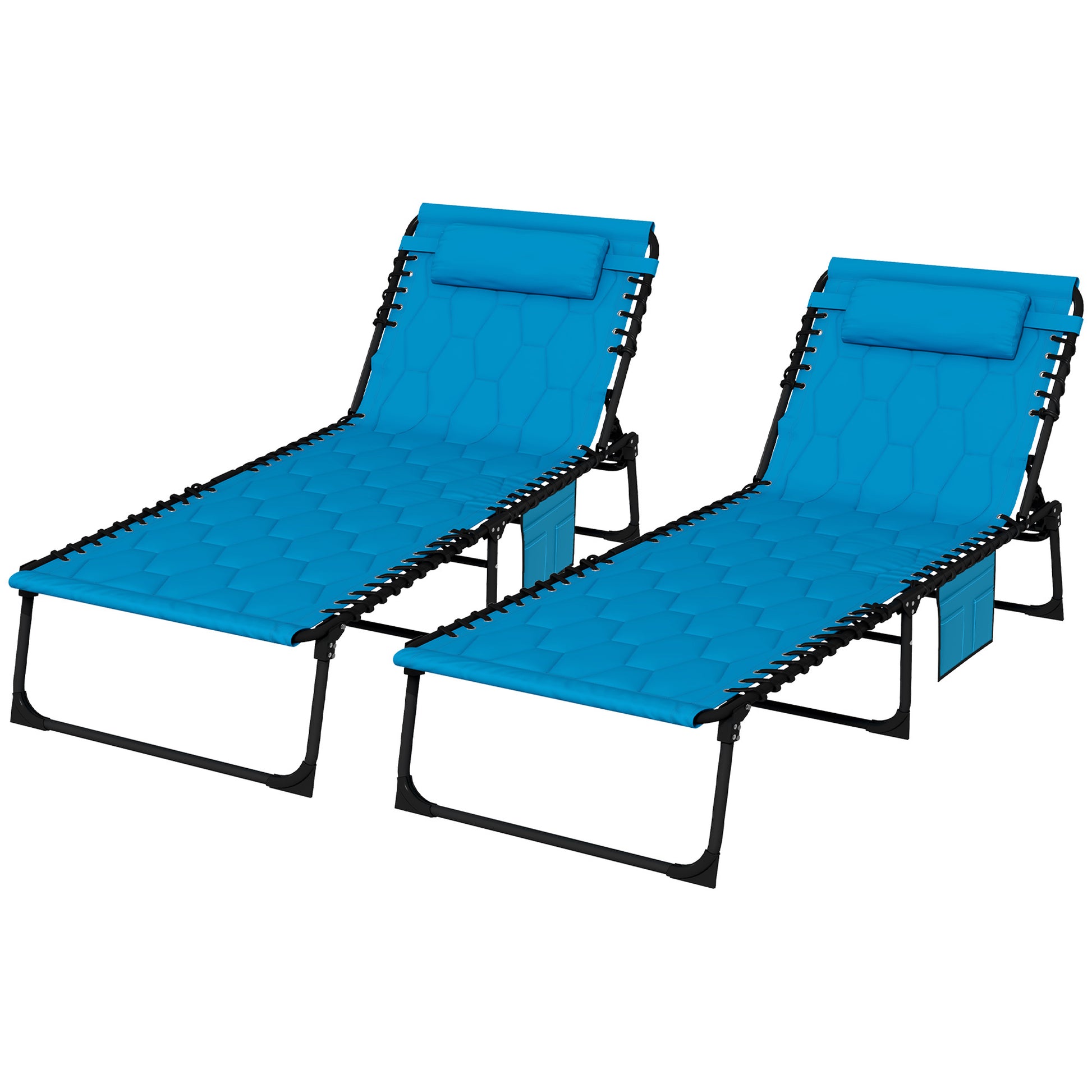 Outsunny Folding Chaise Lounge Set With 5 Level Reclining Back, Outdoor Lounge Tanning Chair With Padded Seat, Side Pocket & Headrest For Beach, Yard, Patio, Sky Blue Blue Steel