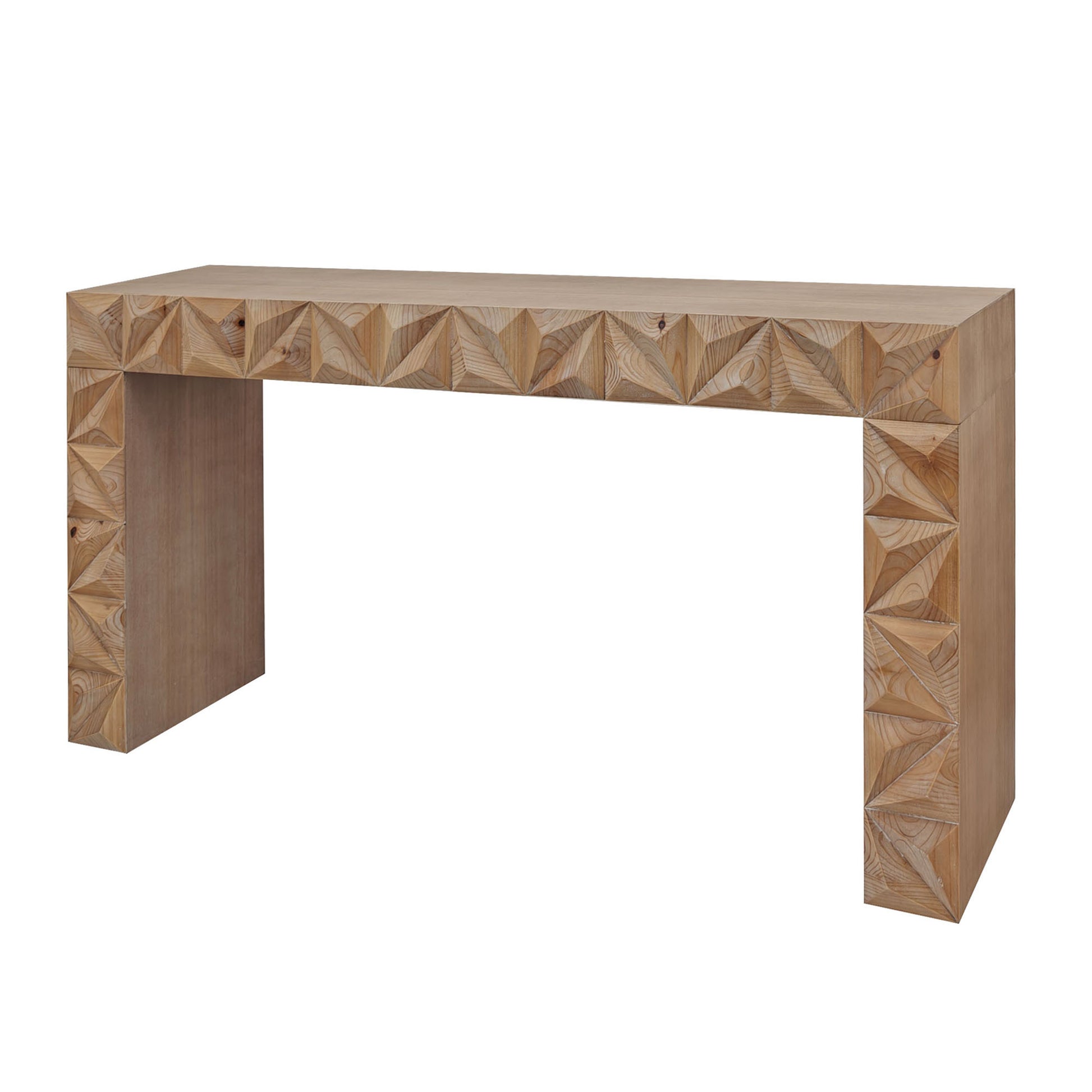 Modern Geometric Wooden Console Table Natural Wood Finish With Handcrafted 3D Design Antique Natural,Natural,Natural & Light Brown,Natural Wood,Natural Wood Wash Nature Distressed Finish Primary Living Space Powder Coated Rectangular Wood