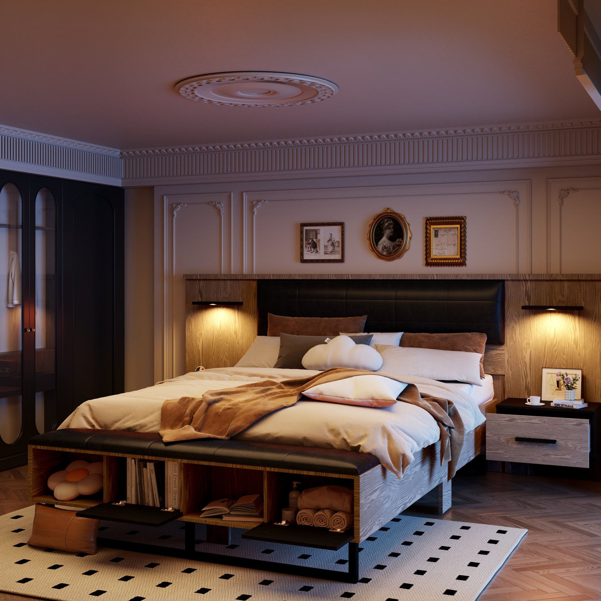 Queen Size Wood Platform Bed With Upholstered Headboard, Lights And Storage Nightstand, Bench, Walnut Box Spring Not Required Queen Walnut Wood Bedroom Bed Frame Faux Leather Solid Wood Mdf